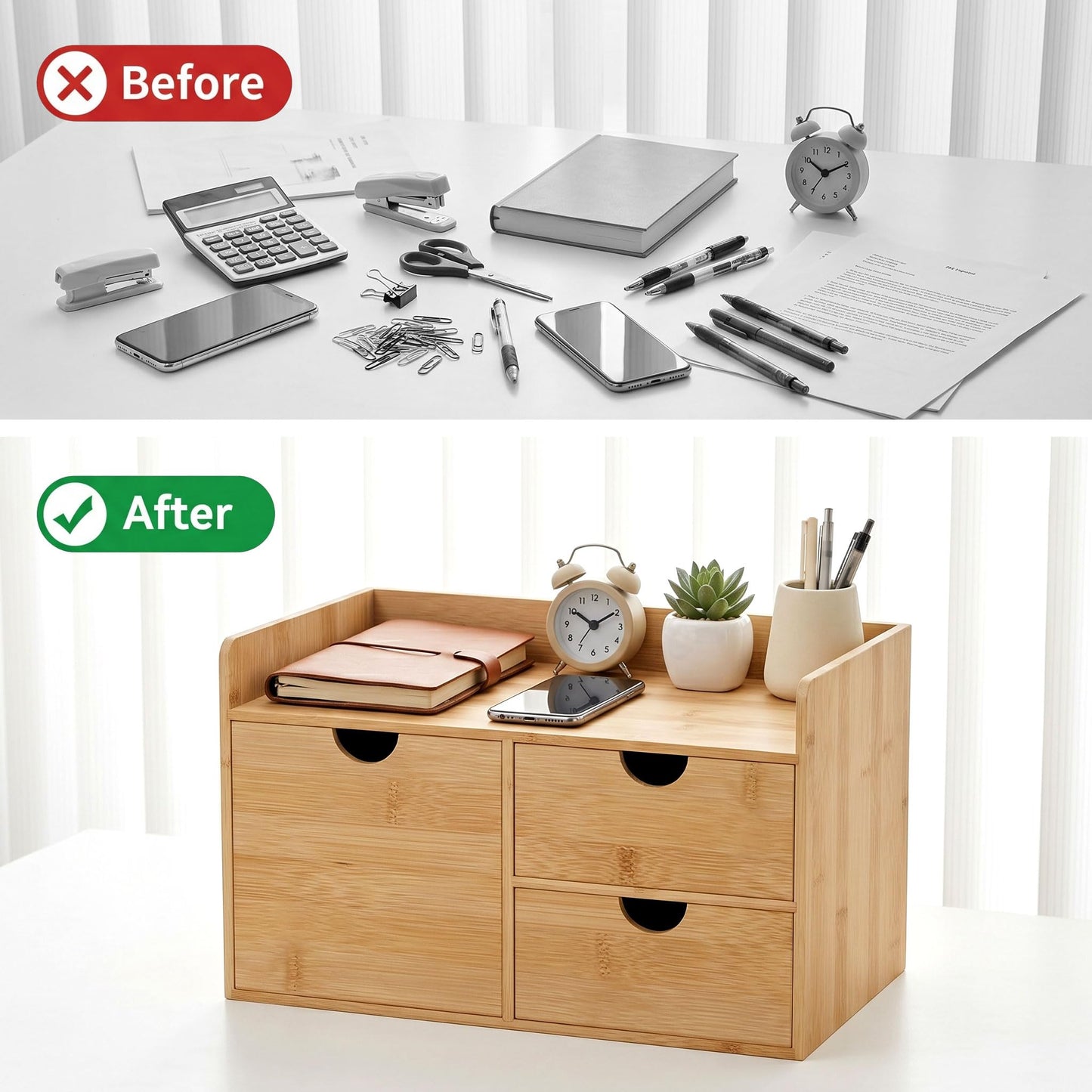 Wisuce Desk Organizer with Drawers - Bamboo Desktop Organizer Storage Natural Wood Desk Drawers Organizer for Bills, Office Supplies, Cosmetics, Seals No Assembly Required 3 Drawers（left-right)