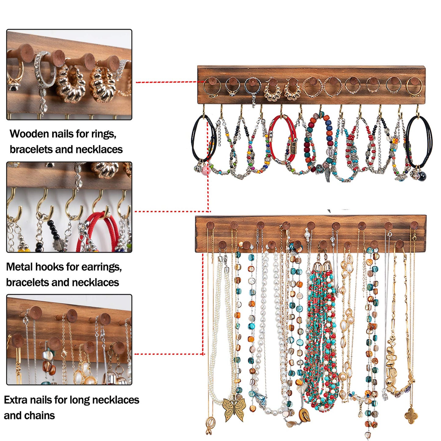 QILICHZ 3Pcs Jewelry Organizers and Storage,Wood Earring Organizer,Hanging Jewelry Organizer,Rustic Wall Jewellery Organizer,Wall Mounted Earring Holder for Storage Display Gift (Brown+Black)