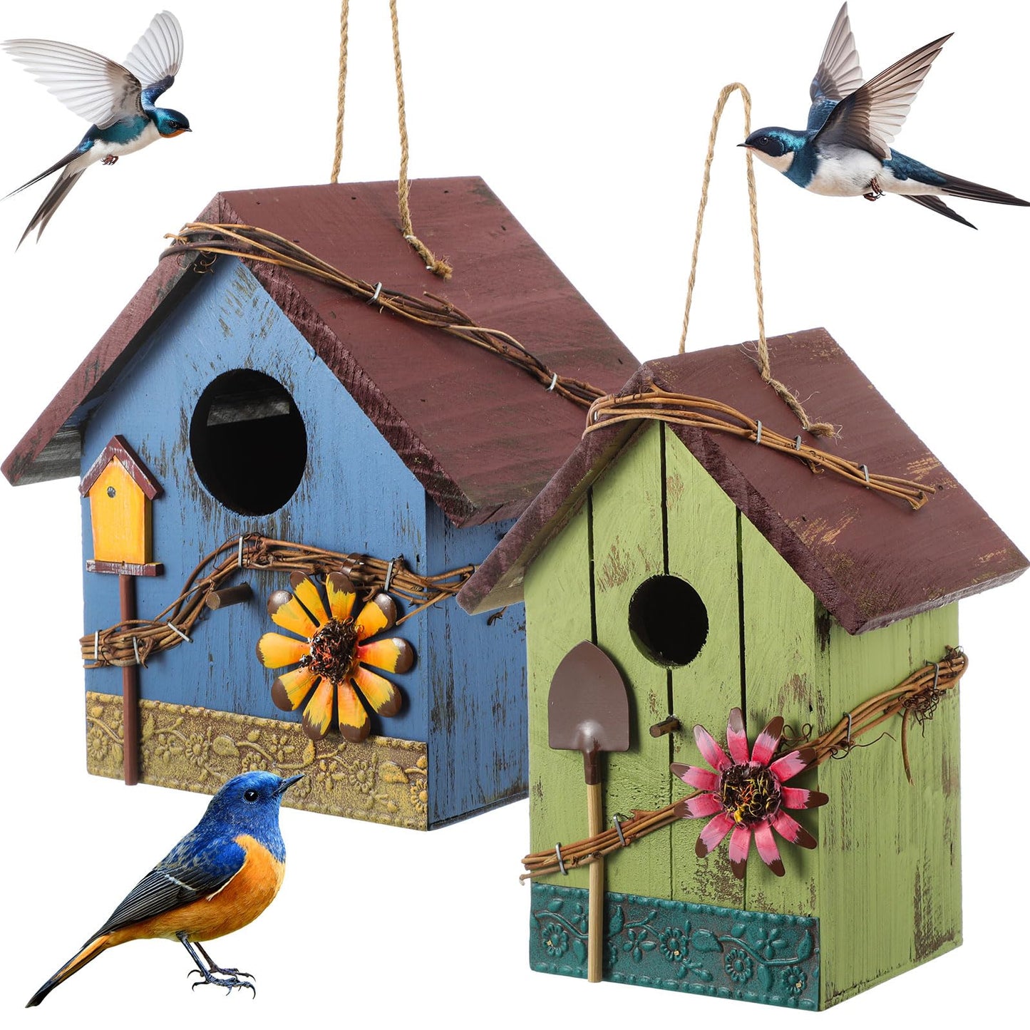 DoubleFill 2 Pcs Birdhouses for Outdoor Hanging Yard Outside Wooden Birdhouse Hand Painted Bird Box for Bird Lovers Bluebird Tree Garden Decor Decorative Birdhouse(Red,Blue,Wooden Roof)