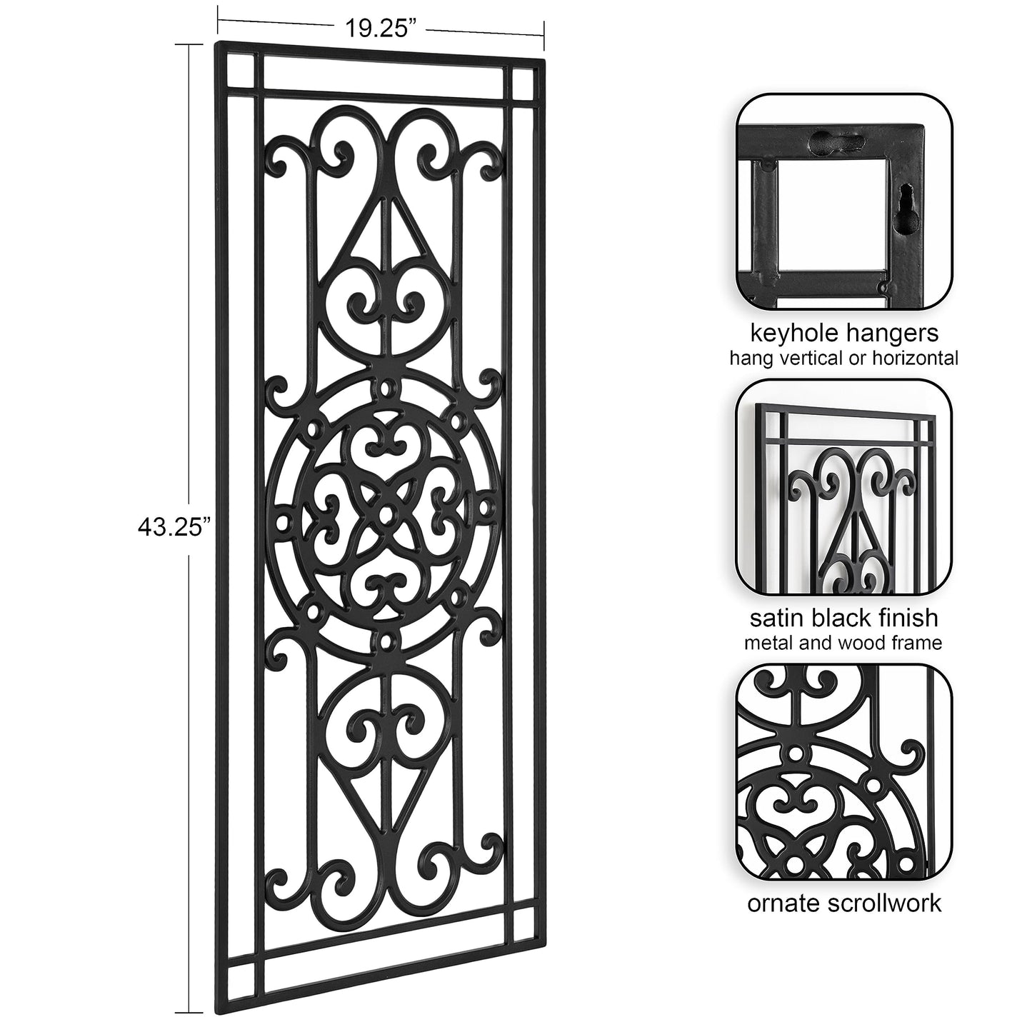 Kate and Laurel Ellard Farmhouse Rectangle Wall Art Plaque, 20 x 44, Black, Traditional Panel Decorative Wall Plaque with Ornate Painted Wooden Scrollwork and Sturdy Metal Frame