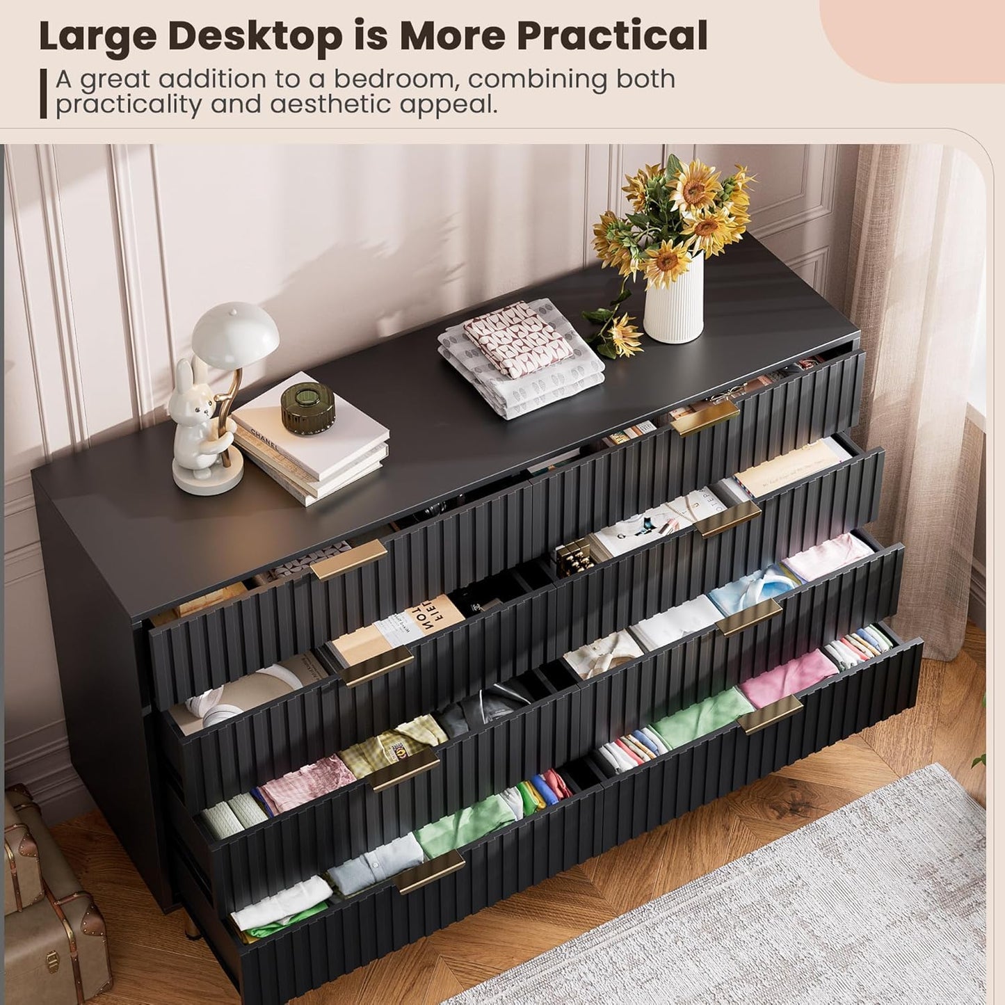 GarveeHome 8 Drawer Dresser for Bedroom, Fluted 55 in Wide Modern Chest of Drawers with Deep Drawers, Wooden Dresser Organizer for Living Room, Hallway, Kids Room, Black