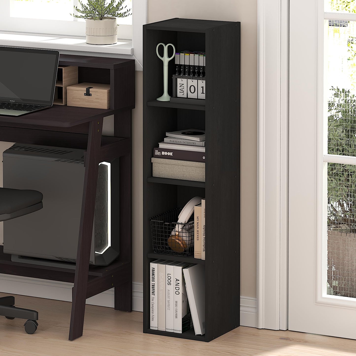 Furinno Fulda Book Shelf, 4-Tier Narrow Bookshelf, Standing Bookcase with 10-in Width Storage Shelf, 9.3 x 9.8 x 41.6, for Organization and Storage, for Living Room, Bedroom, Home Office, Blackwood