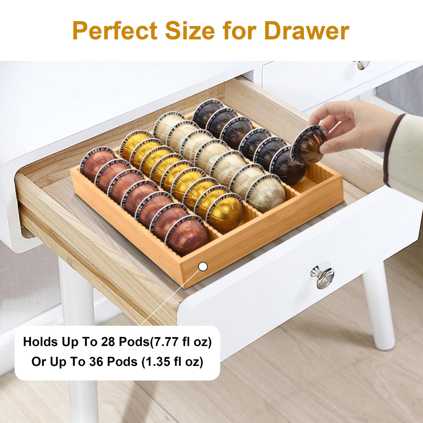 MinBoo Bamboo Coffee Pod Storage Holder Drawer Insert for Counter Compatible with Vertuoline Capsules for Kitchen, Home, Office, Coffee Station,Small