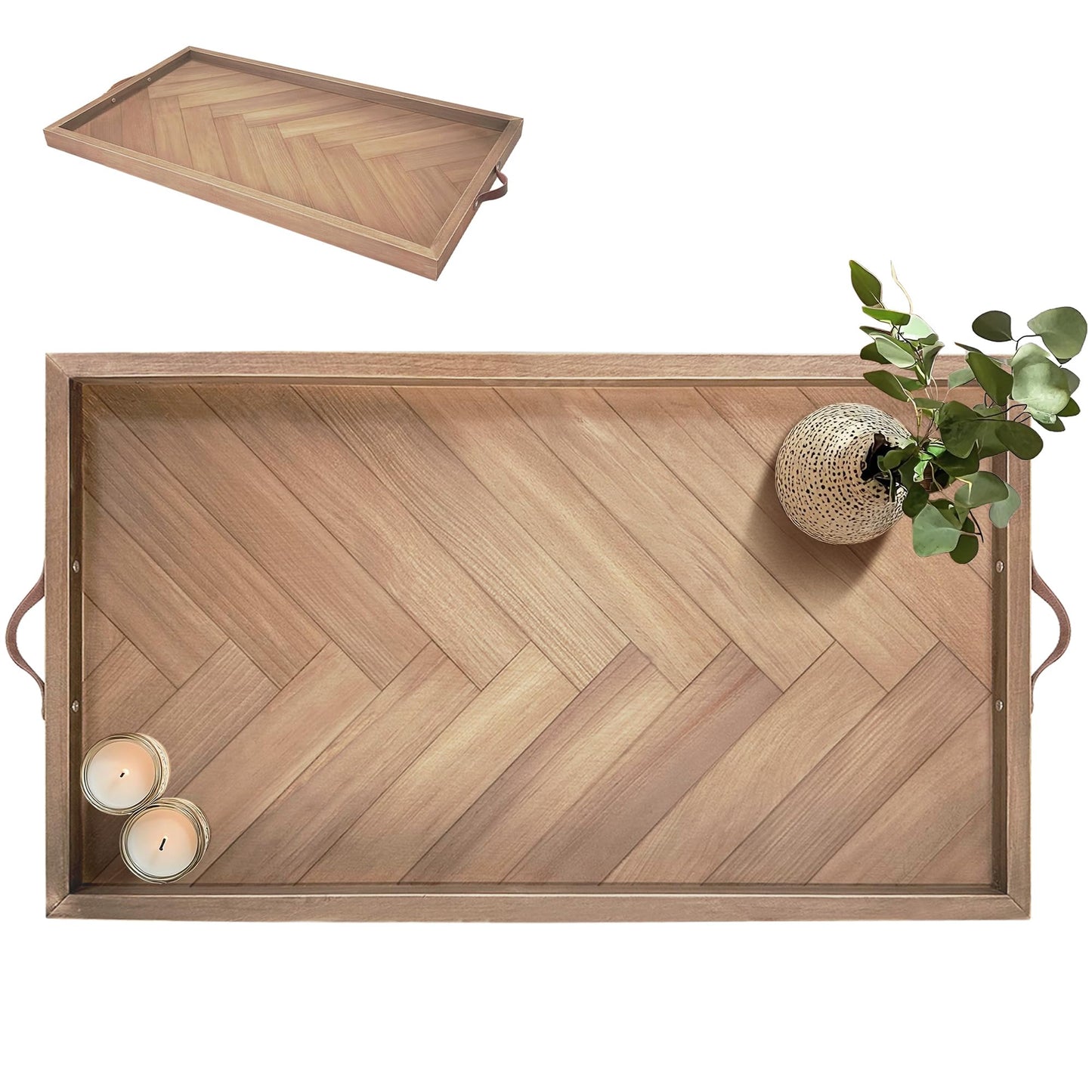 Extra Large Ottoman Tray, 32"x18" Rectangle Wooden Ottoman Trays with Handles, Rustic Decorative Storage Tray for Ottoman