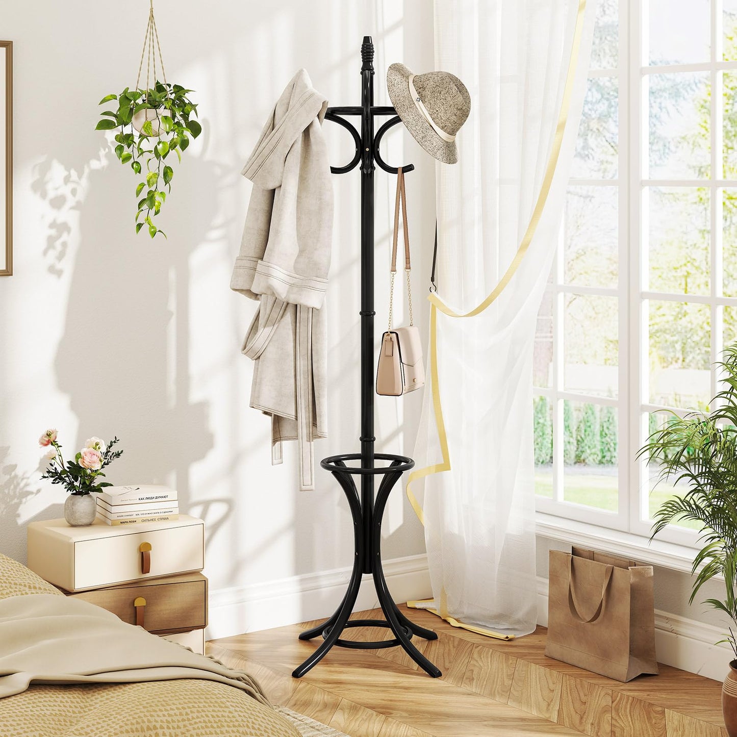 Tangkula Coat Rack with Umbrella Holder, 73 Inch Freestanding Coat Hanger Stand with 12 Hooks, Wooden Entryway Coat Tree for Clothes, Bags, Hats, Scarves, Living Room, Bedroom, Hallway (Black)