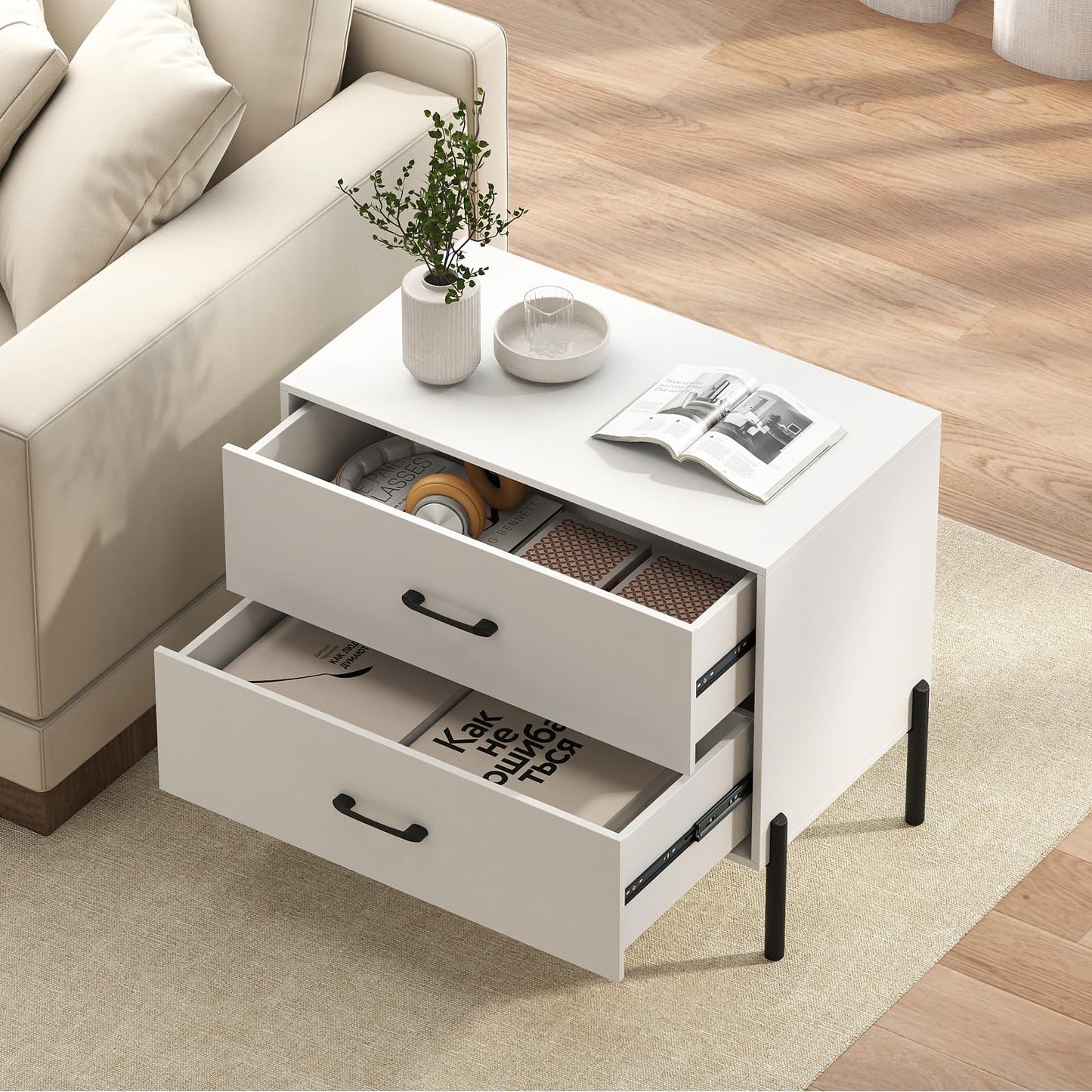 Giantex 2-Drawer Dresser, Modern Wooden Nightstand with Metal Legs & Handles, Anti-Tipping Kits, Compact Side Table, Small Dresser Chest of 2 Drawers for Closet, Bedroom, Sofa Side, Dorm (1)