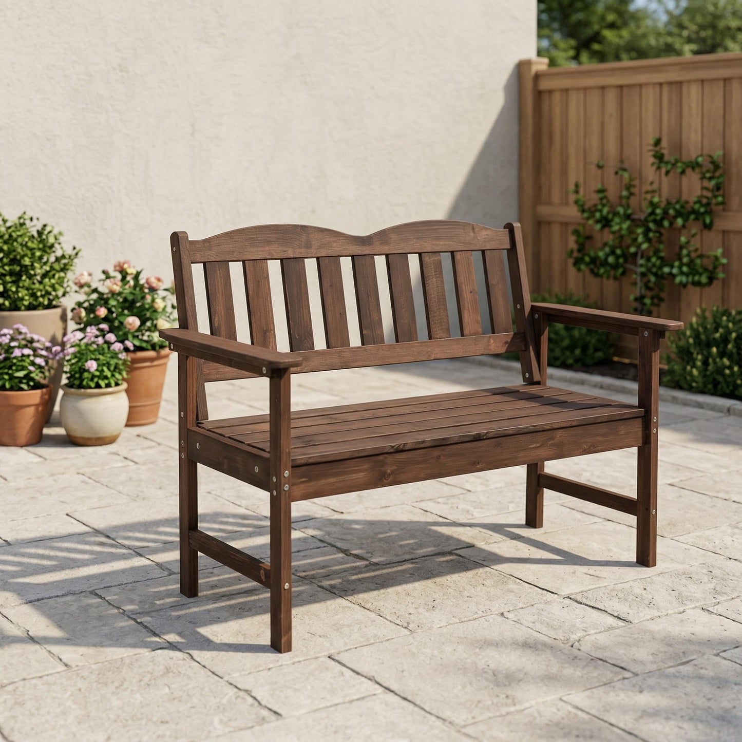 MilleLoom 4FT Outdoor Wooden Bench, 2-Person Garden Bench,Slatted Patio Loveseat with Curved Backrest and Wide Armrest Ideal for Patio, Porch or Balcony,Brown