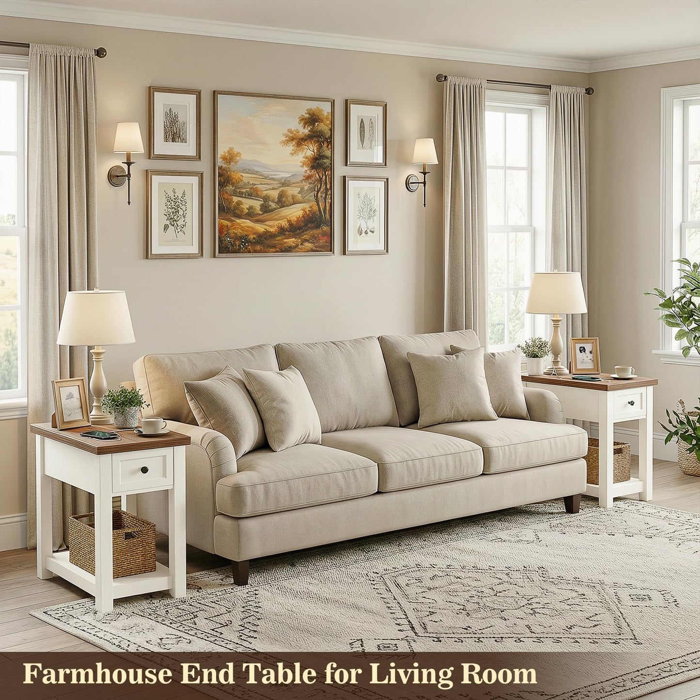 Narrow End Table with Charging Station - Farmhouse Side Table with Drawer, 14" Wide Wood Nightstand Slim Couch Bedside Table for Living Room Bedroom Small Spaces, 2-Tone Antique White & Brown