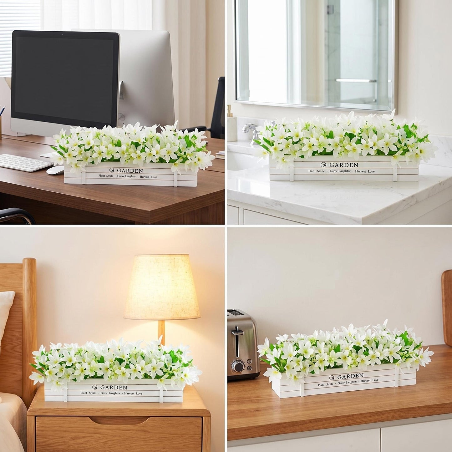 Aiouclay 12Inch Lily Flowers Artificial Rustic Potted Plants,White Lilies in Rustic Wood Planter Box, Faux Flowers for Summer Spring Home Decor Wedding Shelf Bathroom Farmhouse Windowsill