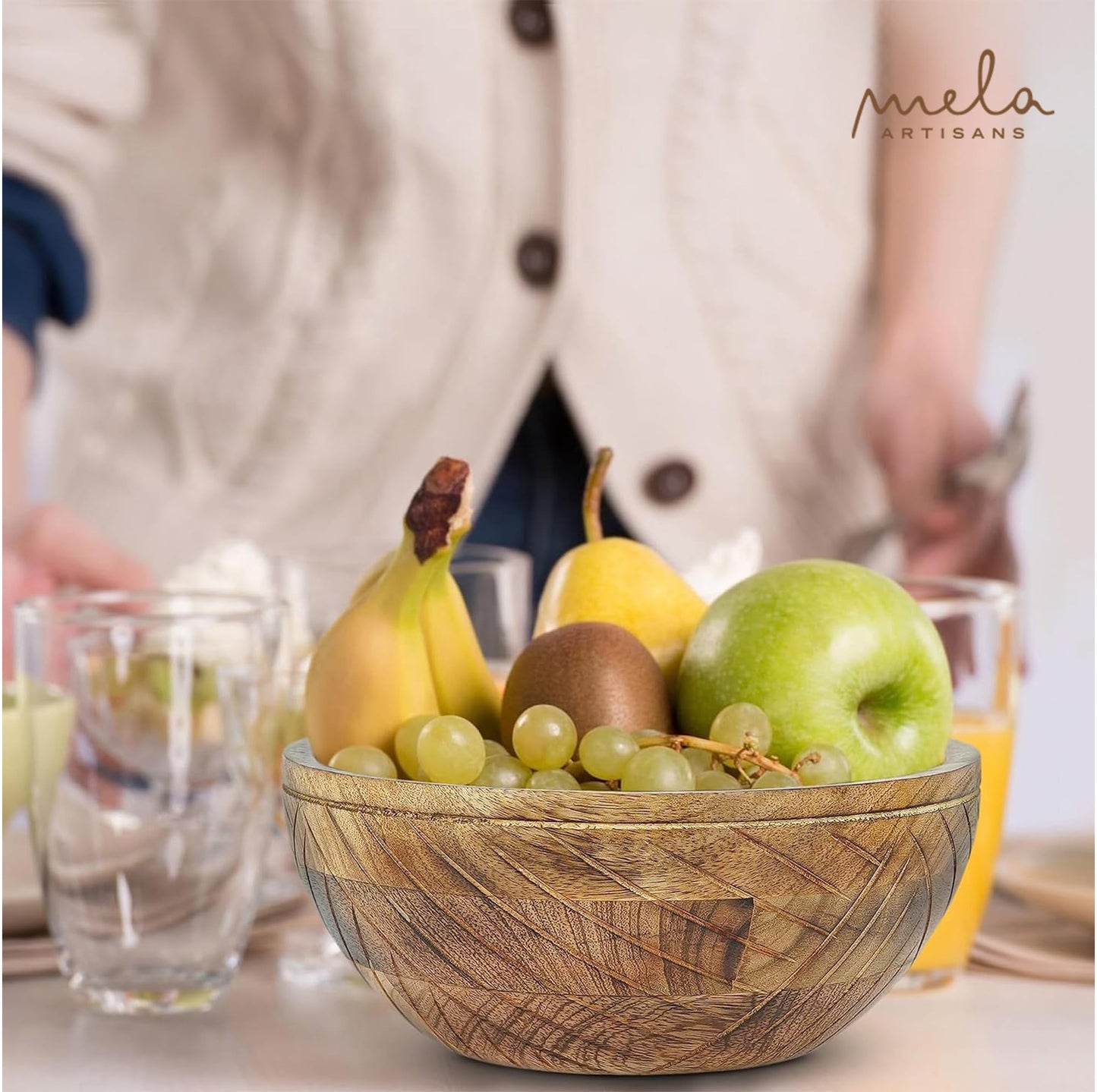 Mela Artisans 9 in Wide x 4 in Tall Mango Wood Bowl with Felt Pads – Hand-Carved Decorative Serving and Fruit Bowl with Light Burnt Finish for Kitchen Counter, Salad, Snacks and Bread
