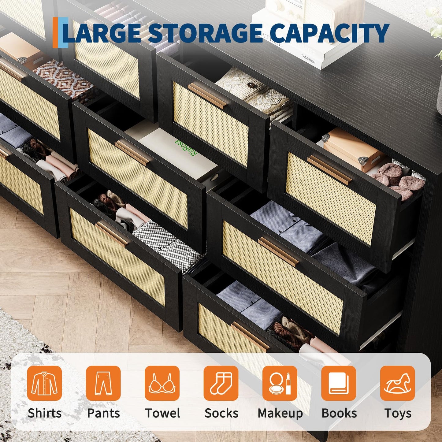 GarveeLife 10 Drawer Dresser for Bedroom, 59 in Farmhouse Rattan Dressers & Chests of Drawers, Wooden Storage Organizer with Anti-Tipping Device for Living Room, Hallway, Entryway, Black