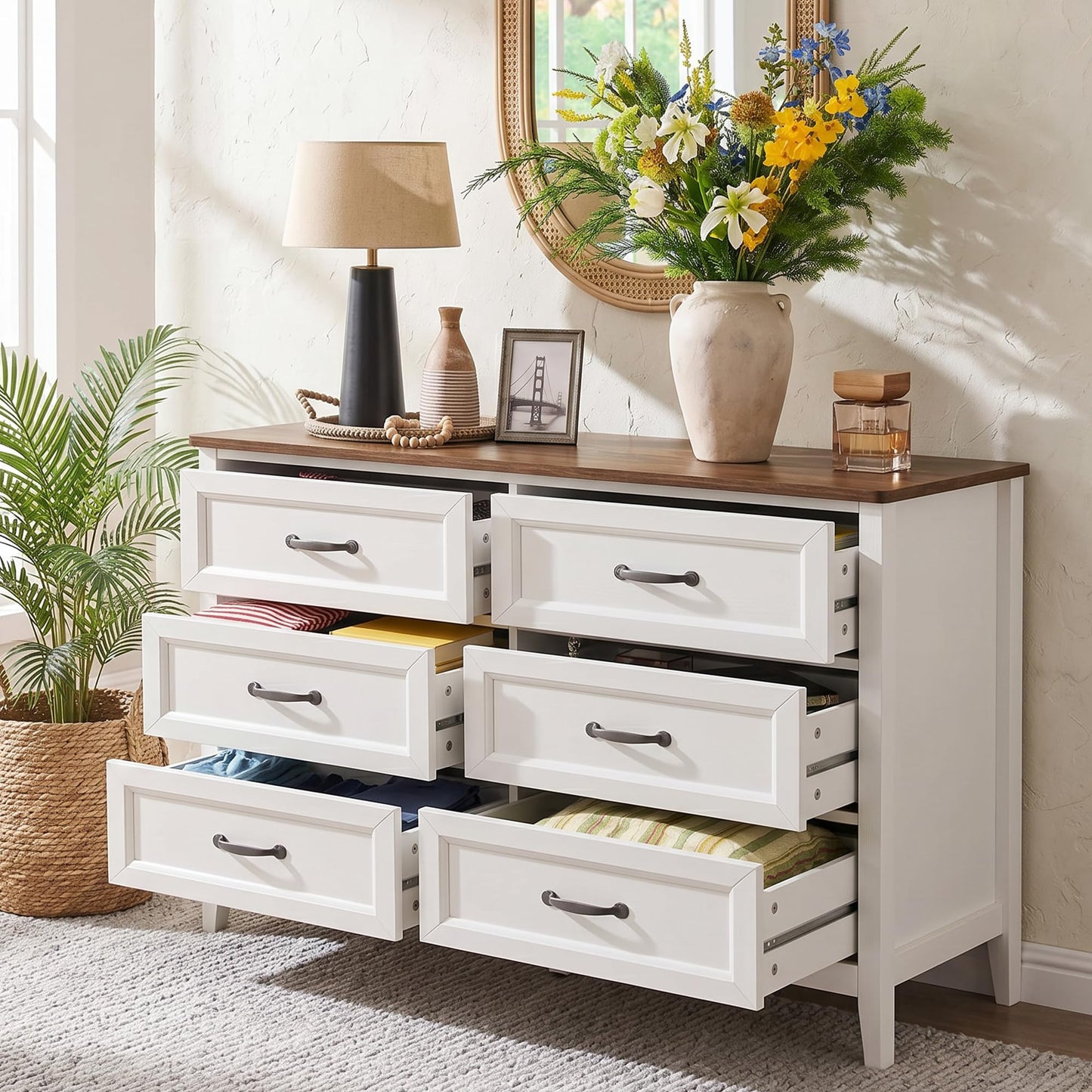 Gizoon 47.2" W Dresser for Bedroom, 6 Chest of Drawers, Modern Drawer Dresser, Wood TV Stand for Living Room, with Smooth Rail, Metal Handles, Anti-tip, Hallway, Retro