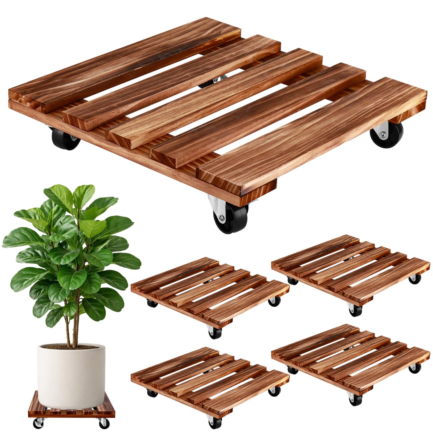 13.5 Inch Plant Caddy with Wheels, 4 Pack Rolling Plant Stand Rollers with Casters Wooden Plant Dolly with Wheels Heavy Duty Rolling Planter Base for Indoor & Outdoor Plants Square Wood Flower Stand