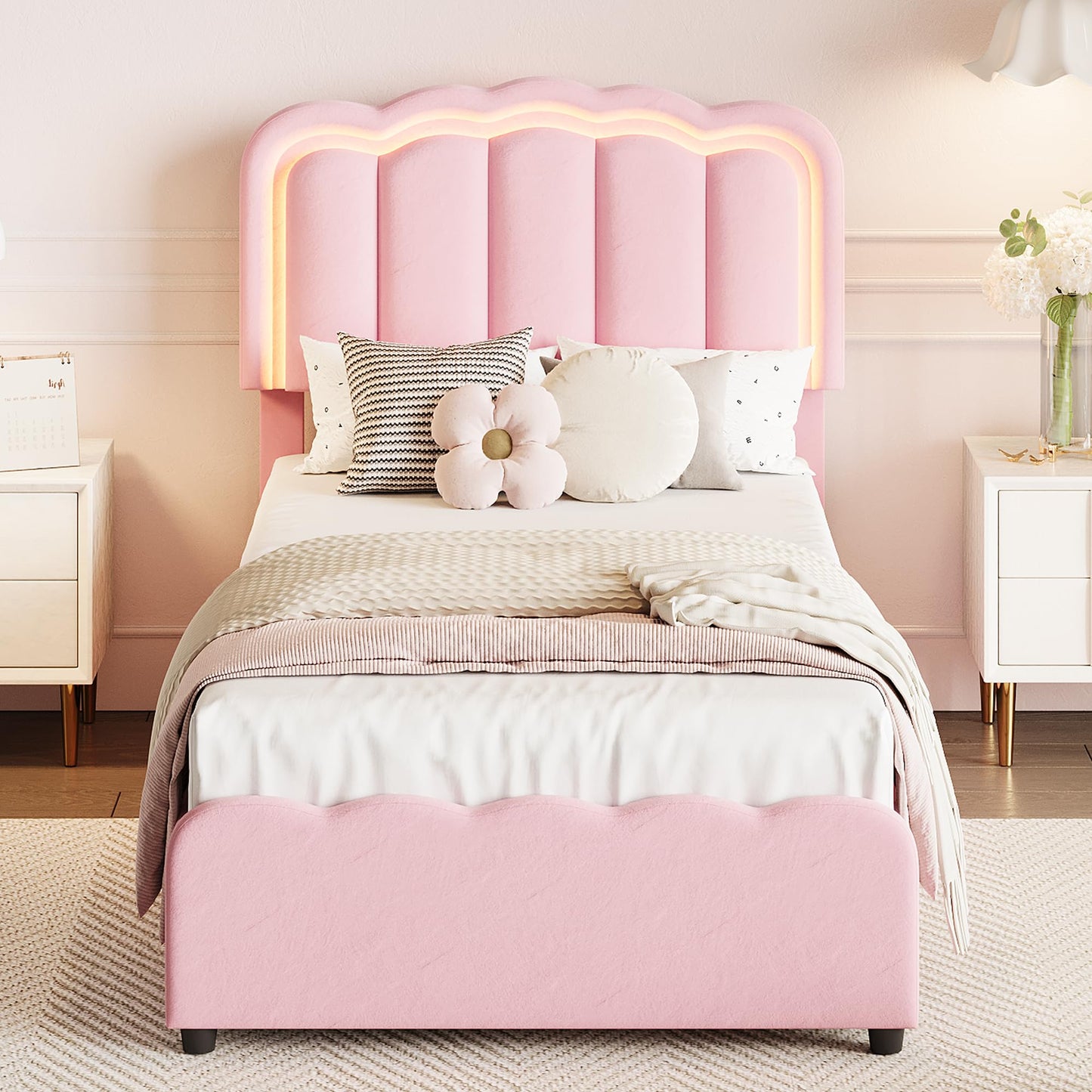 GarveeHome Twin LED Bed Frame, Kids Platform Bed with 2 Large Storage Drawers, Velvet Upholstered Princess Bed for Girls & Boys, Wooden Slats Support, No Box Spring Needed, Easy Assembly, Pink