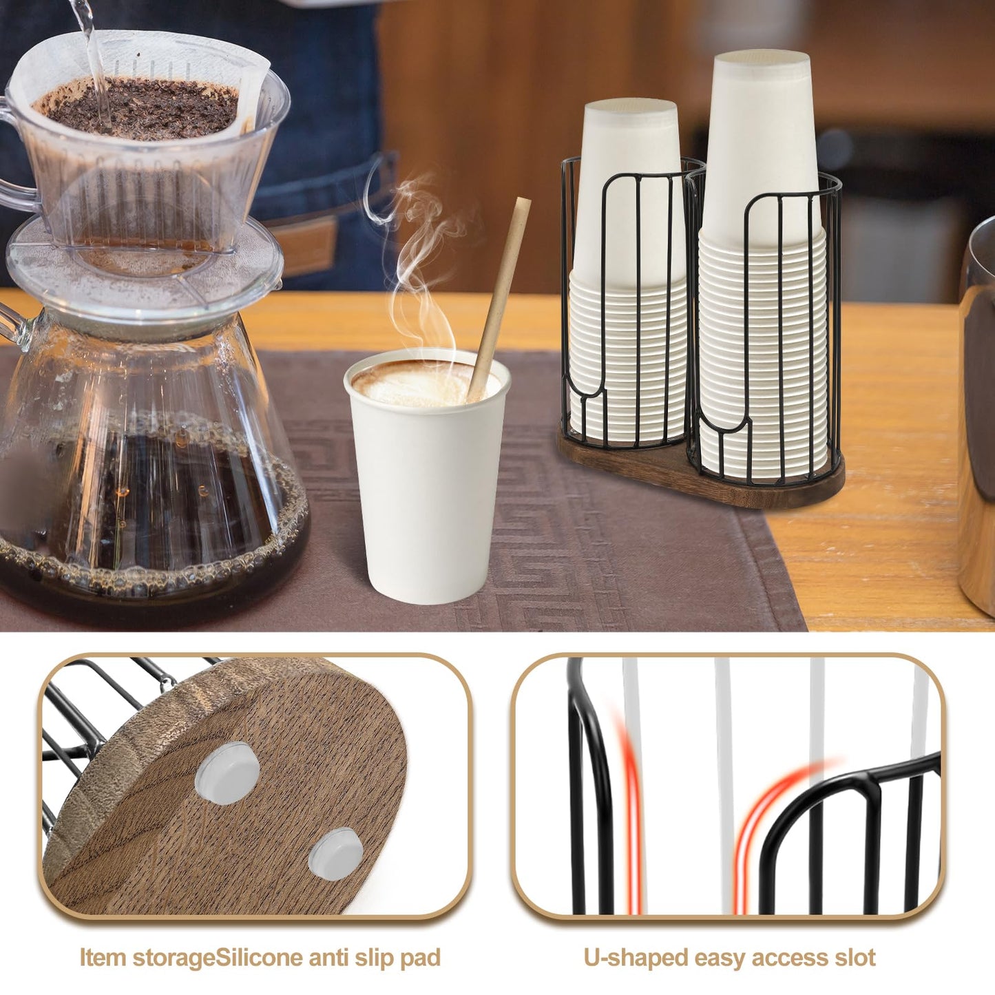 Tanggiteck 2-Compartment 18oz Coffee Cup Dispenser Rack with Wood Base, Disposable Cup, and Lid Organizer for Countertop - Perfect for Paper Cups, and Lid Organizer