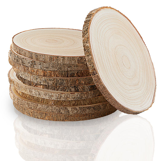 Set of (10) 9-10 Inches Wood Slices, Wood Centerpieces for Tables, Wood Slices for Centerpieces, Unfinished Wood Rounds for Rustic Wedding, Baby Shower, Party, Natural Paulownia Slabs