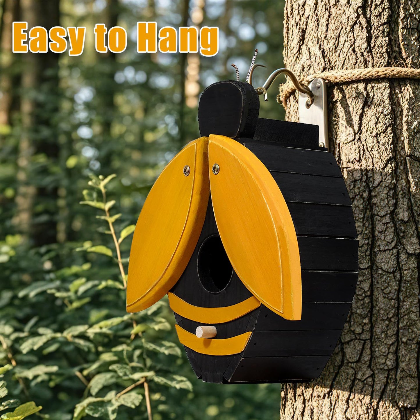 NATUREYLWL Bird Houses for Outside, Bee-Shaped Birdhouse Attracts Wild Birds (Bluebirds, Finches, Cardinals), Durable Wood Bird House with 4 cm Entrance Hole,Unique Garden Decor,Weather-Resistant