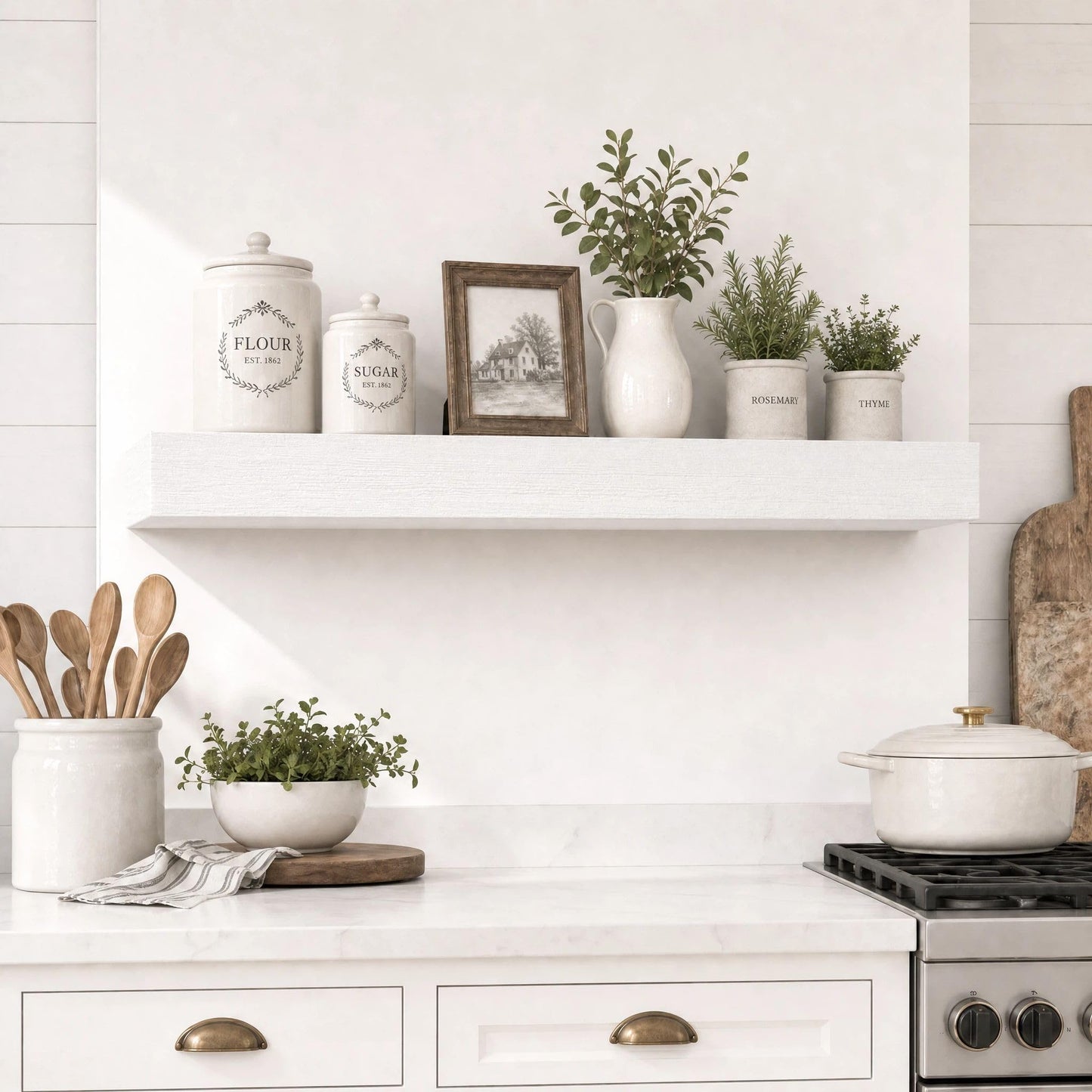 SAUMONIERES Fireplace Mantel Shelves 60 Inch Solid Wood Wall Mounted Long Floating Shelf Hollow, White