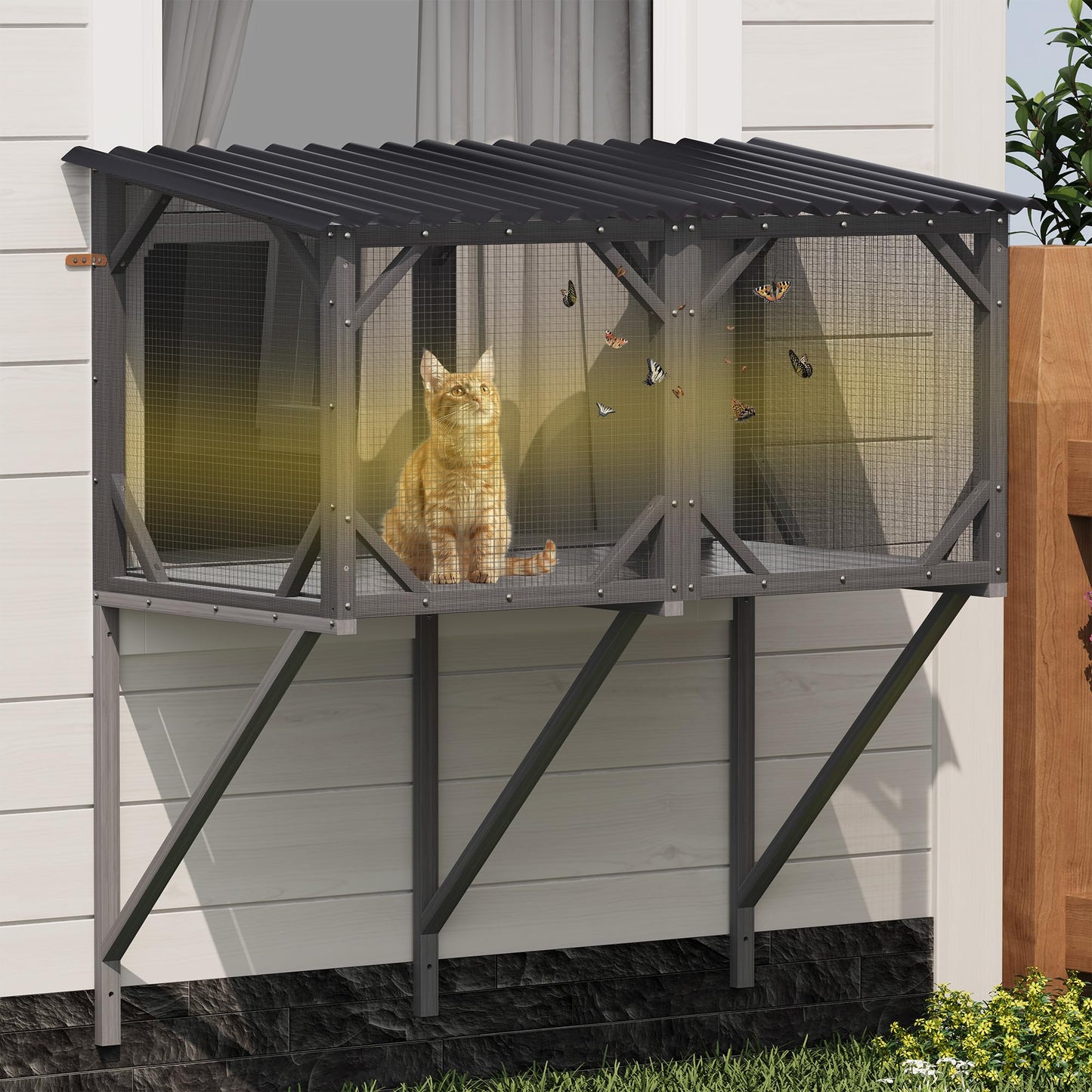 KEIKI Catio Window Perch for Indoor Cats,Large Wooden Outdoor Cat Window Enclosure Box for Cats Sunbathing, Napping, Overlooking,Light Gray