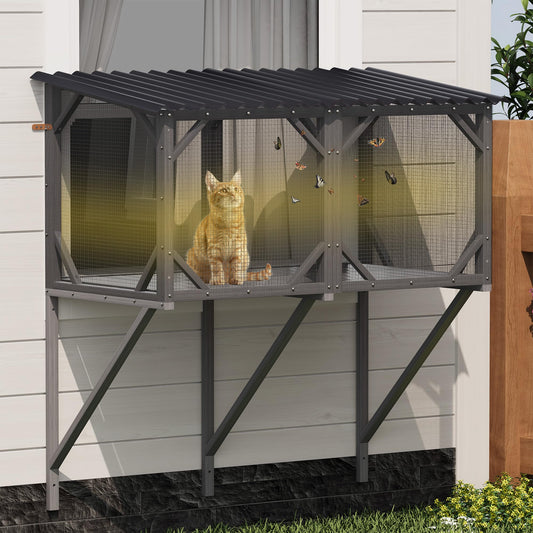 KEIKI Catio Window Perch for Indoor Cats,Large Wooden Outdoor Cat Window Enclosure Box for Cats Sunbathing, Napping, Overlooking,Light Gray