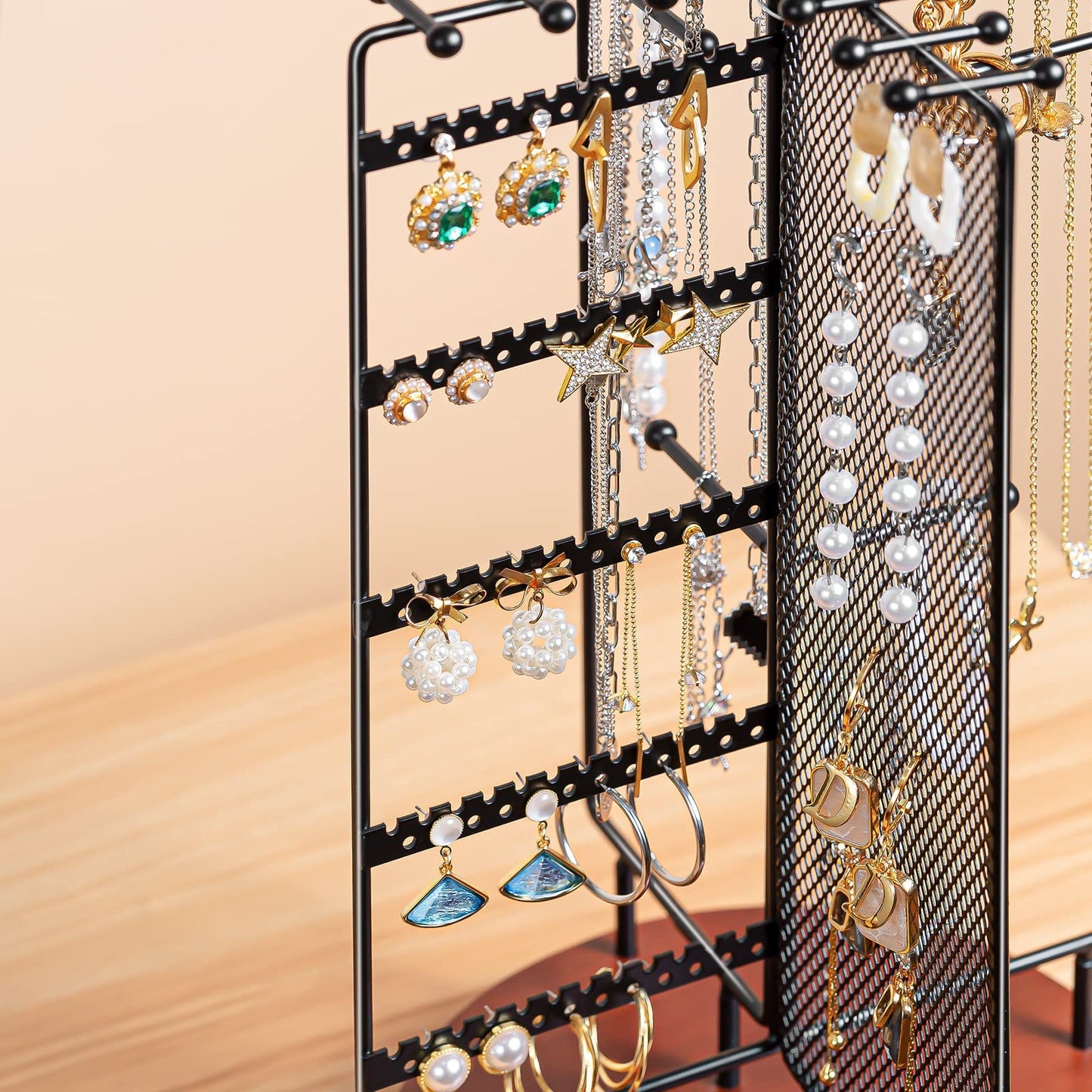 ProCase Rotating Jewelry Organizer Stand Earring Holder Organizer with 28 Necklace Hooks, Jewelry Tree Earring Stand Tower Storage Rack Bracelet Holder, Holds More than 100 Pairs Earrings -Black