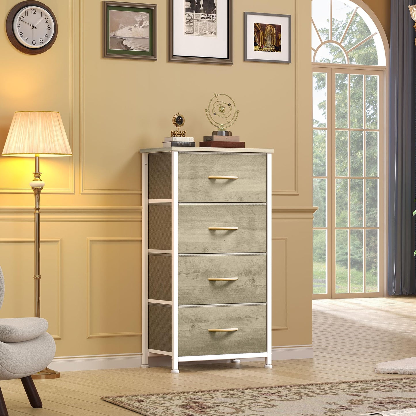 DWVO Dresser with 4 Drawers - Fabric Storage Tower, Organizer Unit for Bedroom, Hallway, Hallway, Closets - Sturdy Steel Frame, Wooden Top & Easy Pull Fabric Bins