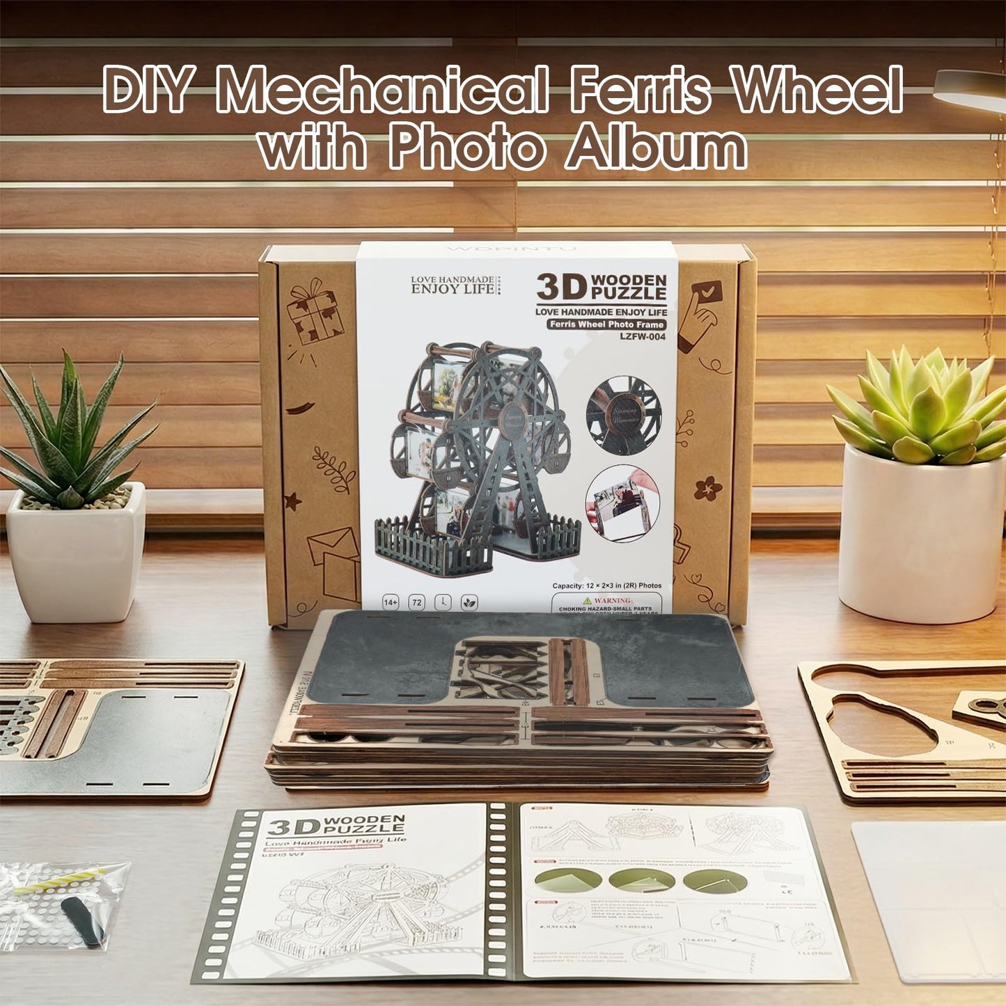Photo Ferris Wheel 3D Wooden Puzzles for Adults, Rotating Mini Picture Frame Wood Model Kits - Unique Graduation, Personalized Anniversary Presents for Dad, Women Men
