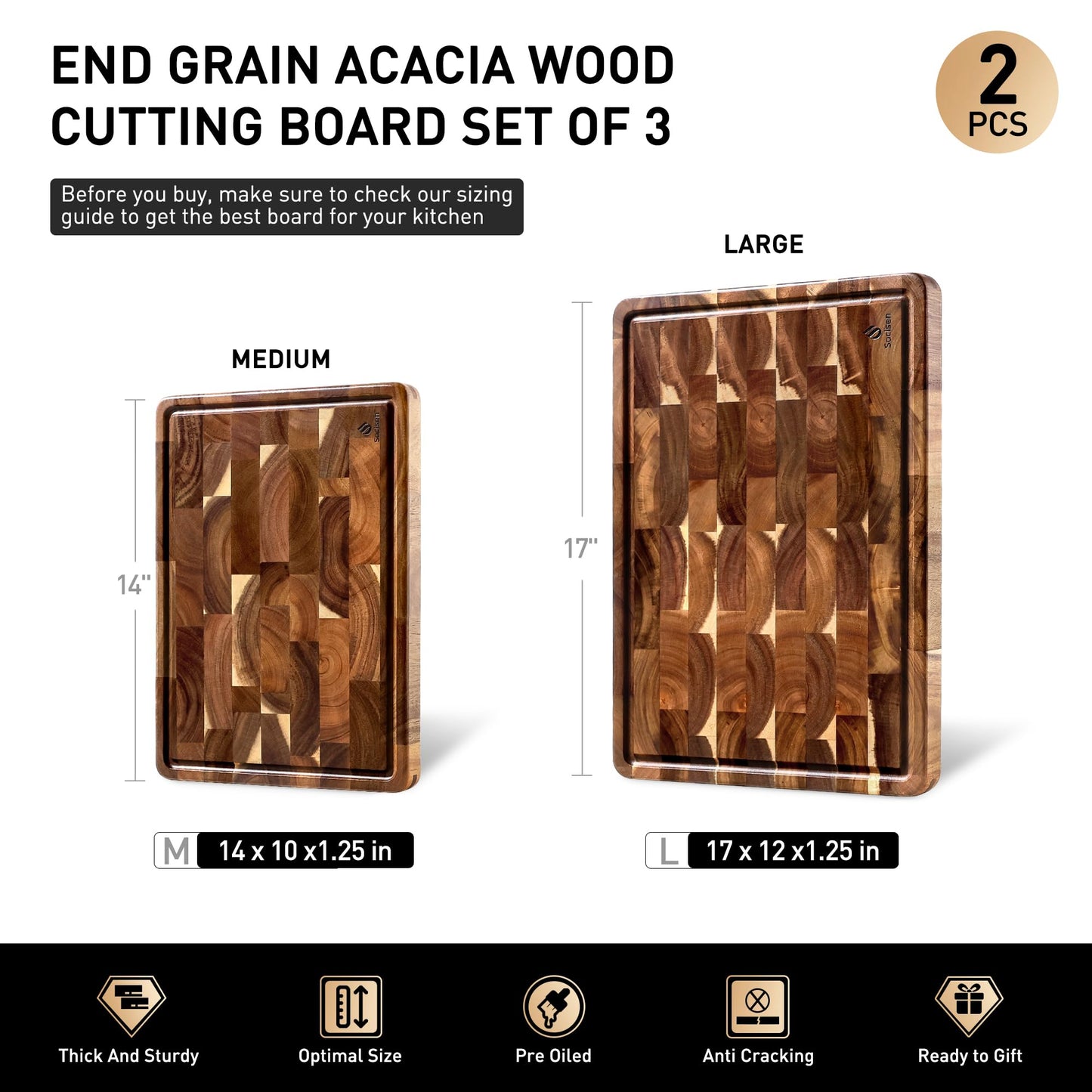 End Grain Cutting Board Set of 2 with Non-slip Feet, Reversible Acacia Wood Cutting Boards for Kitchen with Juice Grooves and Handles Non Toxic Chopping Board Butcher Block Serving Tray Kitchen Gift