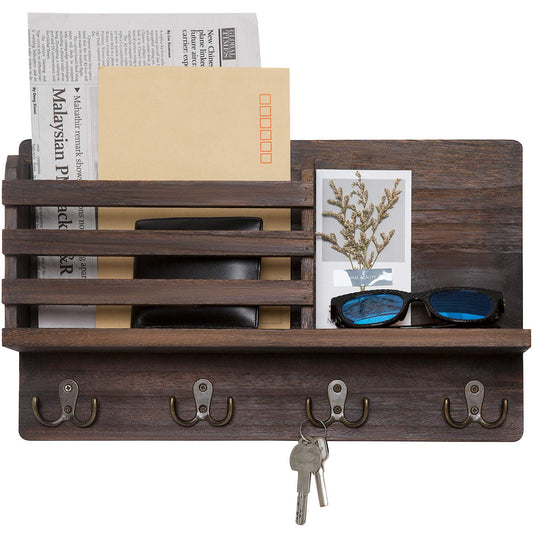 Dahey Wall Mounted Mail Holder Wooden Key Holder Rack Mail Sorter Organizer with 4 Double Key Hooks and A Floating Shelf Farmhouse Rustic Home Decor for Entryway or Mudroom,15.7"W x9.3"Hx3.2"D, Brown