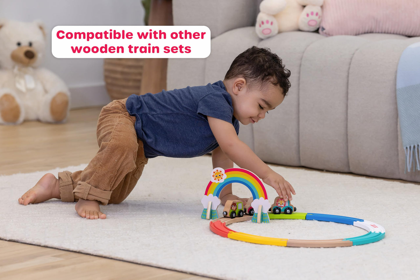Jasey's Toy Chest Animal Friends Wooden Train Set | 12-Piece Set with Animal Cars, Rainbow Arch and Interlocking Track Pieces | Compatible with Other Wooden Train Sets | for Toddlers Ages 12+ Months