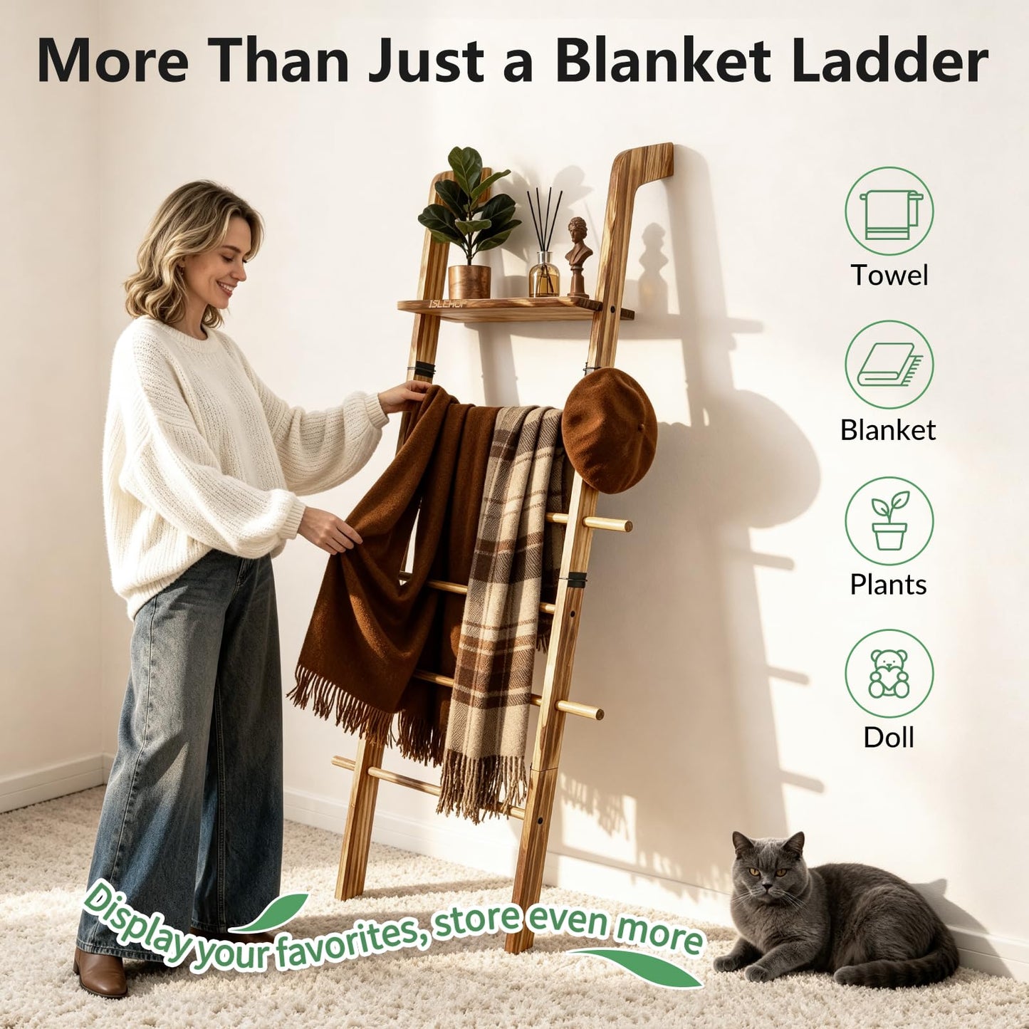 ISLEHOP 67" Wooden Blanket Ladder with Shelf and Hooks, 6-Tier Blanket Ladder for Living Room, Wall-Leaning Towel Ladder and Quilt Rack Storage, Farmhouse Decor Ladder for Display