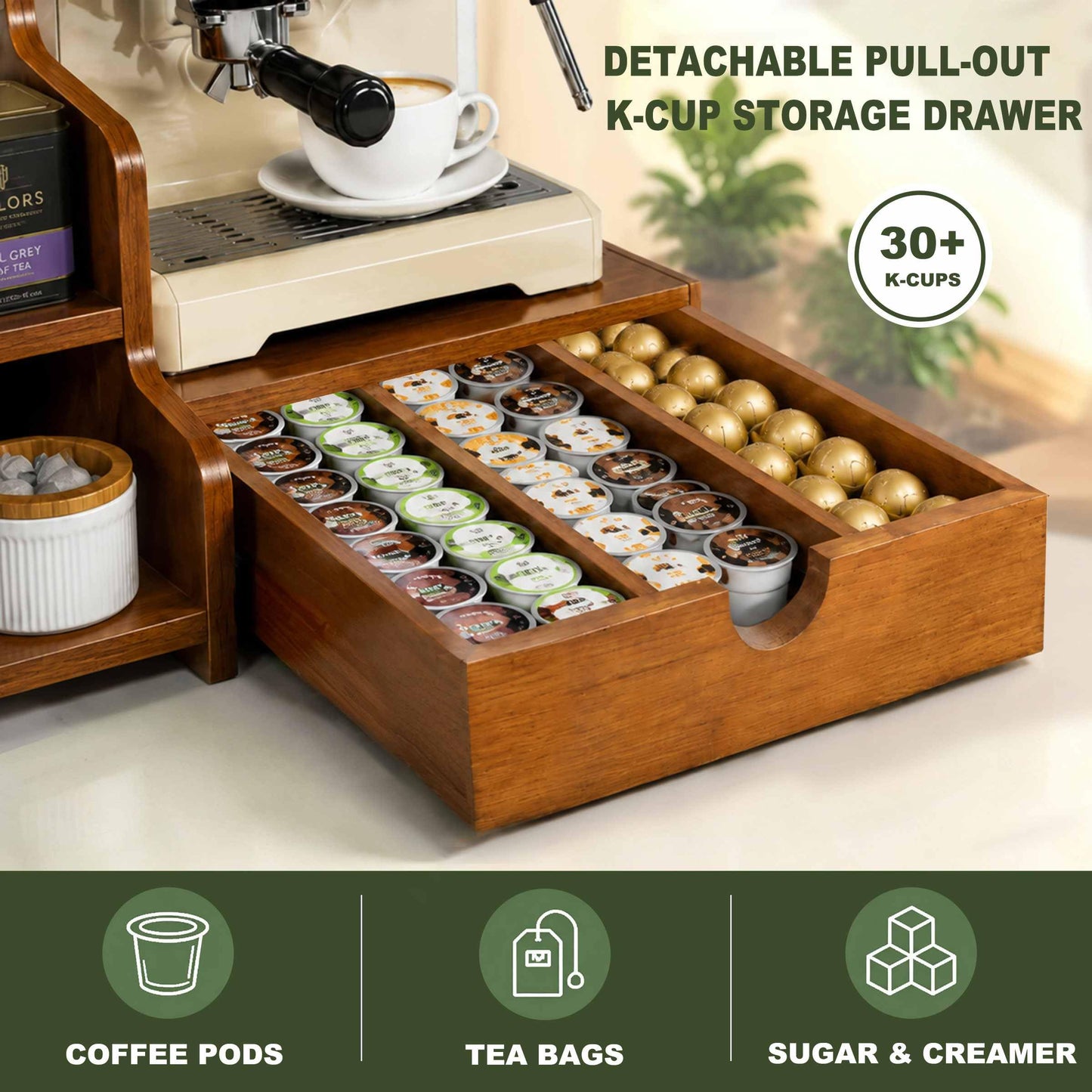 Coffee Station Organizer with K Cup Holder Drawer for Countertop, Coffee Tea Bar Accessories Office Corner Stand Station, 28 Pods Holder Drawer 3-Tier Trapezoidal Wooden Syrup Organizer Rack