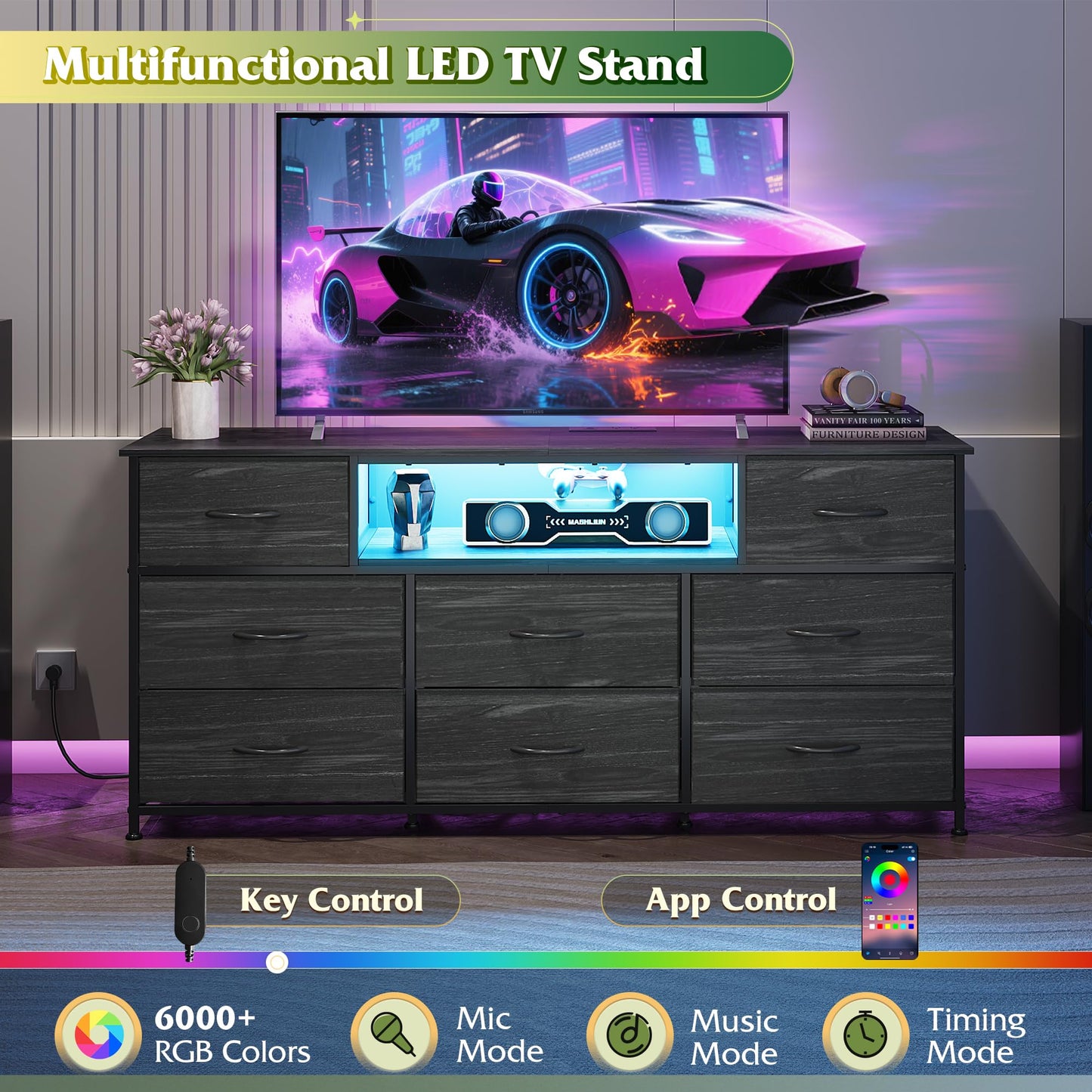 WLIVE Black Dresser TV Stand for 50, 55, 65 inch TV, Entertainment Center with LED Lights & Charging Station, Chest of Drawers with 8 Fabric Drawers and Open Shelves for Living Room, Bedroom, Wood Top