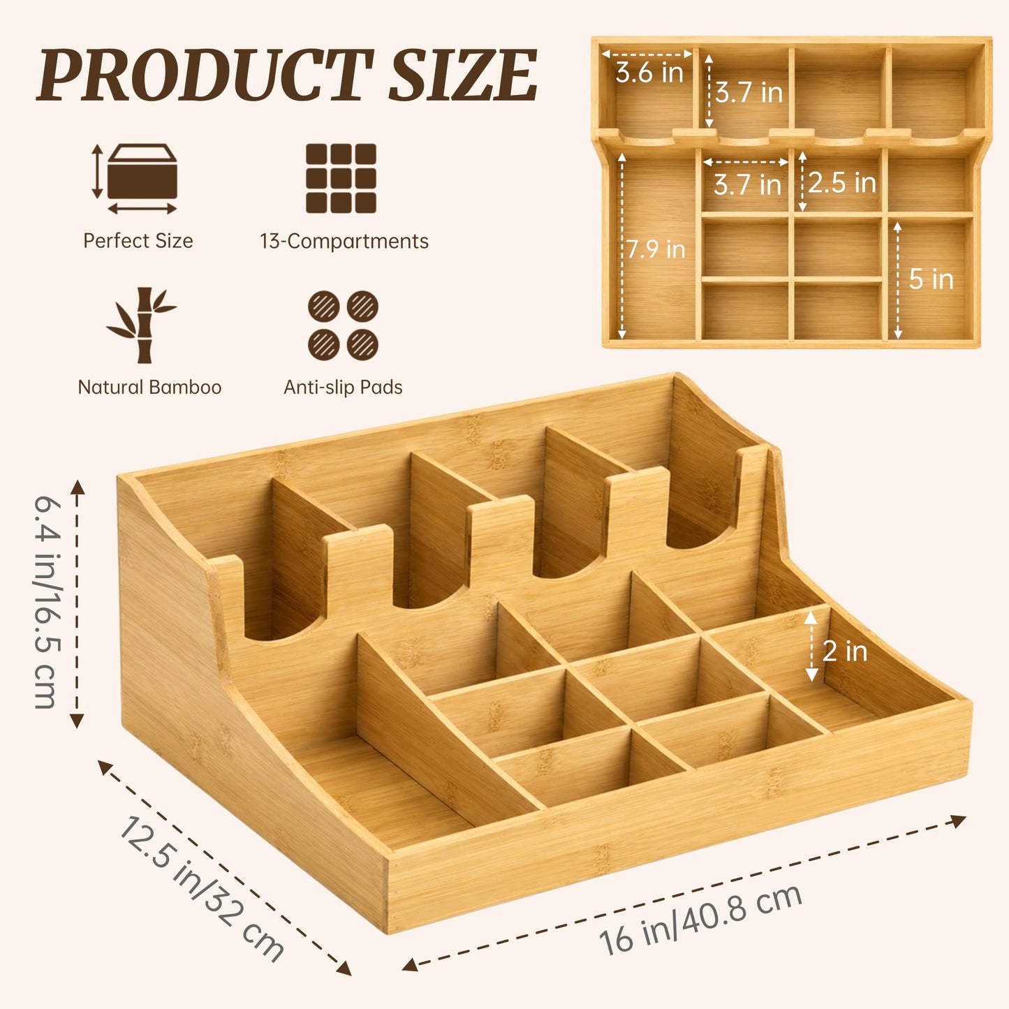 Mezchi 13-compartment Coffee Condiment Organizer, Bamboo Tea Station Organizer Caddy for Countertop, Coffee Bar Storage Accessories for Tea Bags, Cups, Pods, Creamer, Syrup
