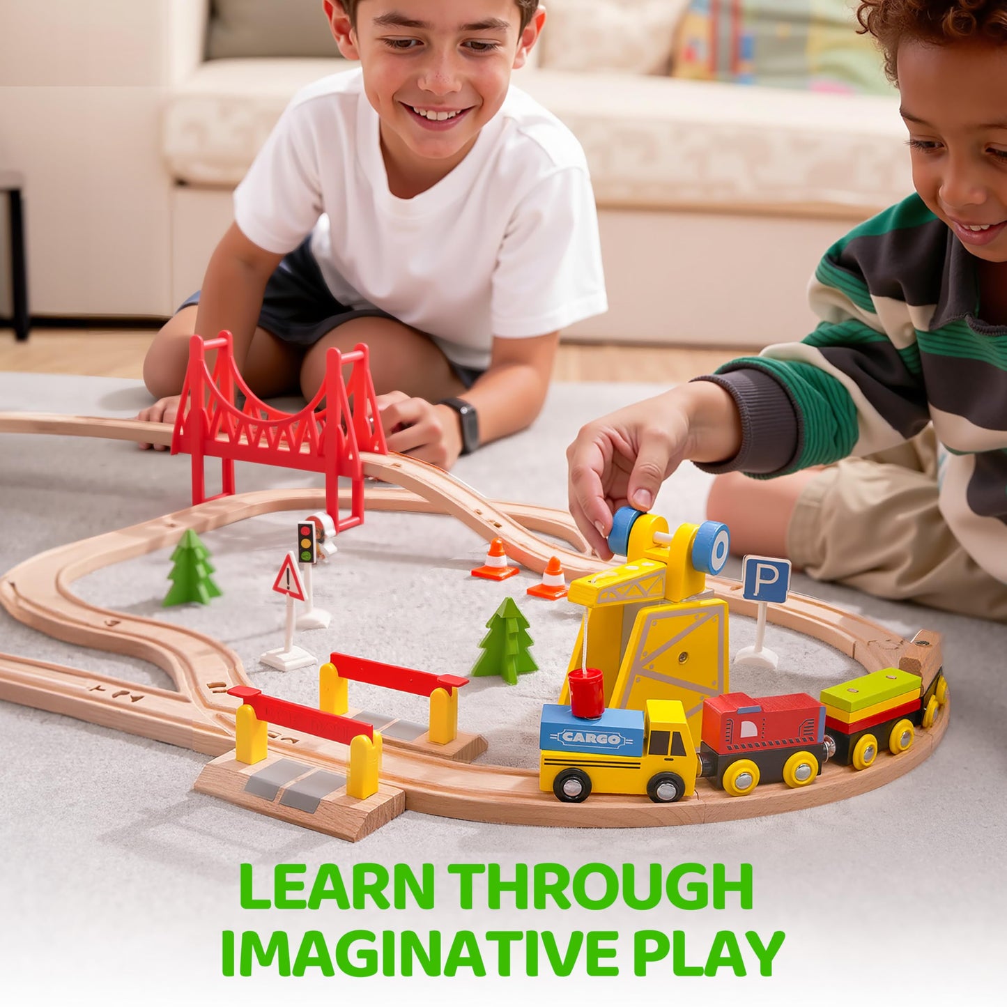 60PCS Wooden Train Set - Toy Magnetic Trains with Wooden Track Set for Kids Ages 3-8, Construction Crane Railway Set, Perfect Easter Birthday Gift for Grandkids Toddlers Boys Girls