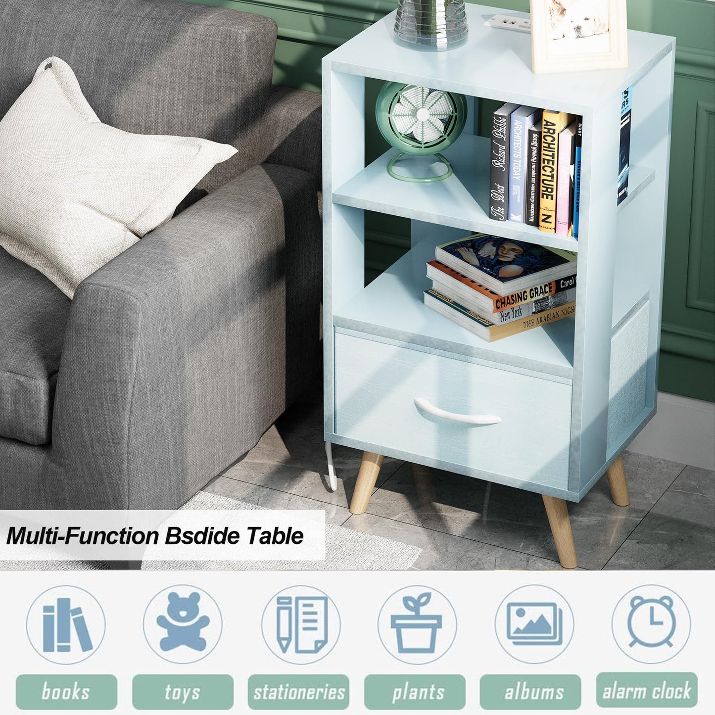 Aenuert Night Stand with Charging Station, Blue Nightstand with Drawer, 3-Tier Wooden Bedside Table with USB Ports and Outlets, End Table for Small Space, Living Room, Bedroom