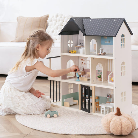 Wooden Dollhouse for Kids, 6-Room Modern Style Toy Doll House Playset with 26 Furniture & Functional Doors, 1:12 Scale Open Plan Dollhouse Designed for 4-6 Inch Dolls, STEM Creative Gift for Ages 3+