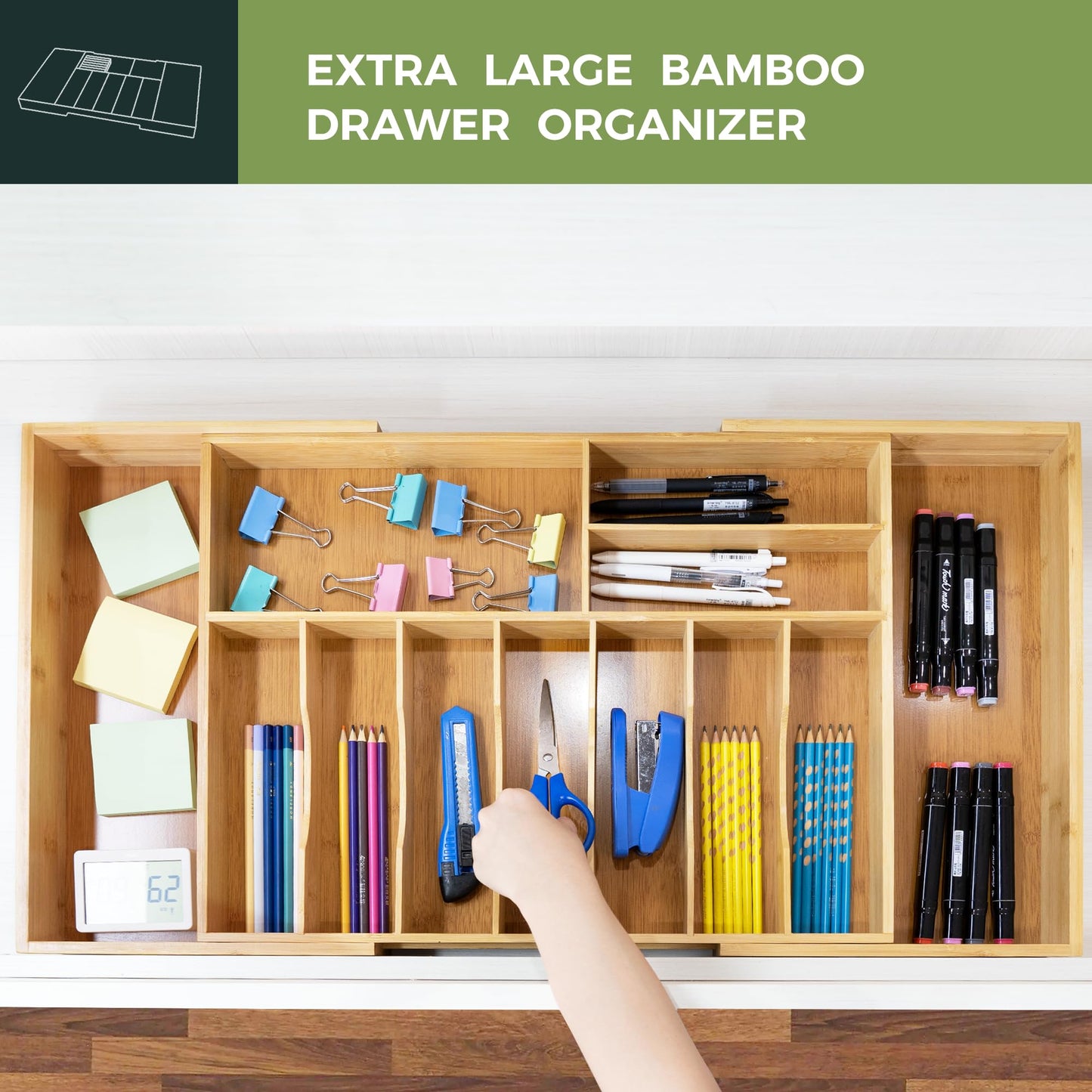 VaeFae Extra Large Kitchen Utensil Holder, Bamboo Silverware Drawer Organizer, Expandable Cutlery Organizer with Knife Block, Multifunctional Drawer Divider (10-12 compartments)