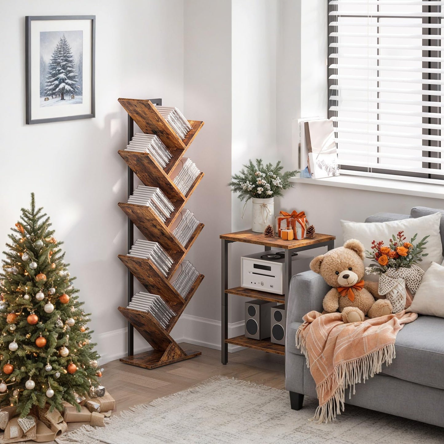 HOOBRO Free Standing Towel Rack and Tree Bookshelf Bundle, Drying and Display Rack with Shelf, loor Standing Storage Rack, for Display of CDs, BF02LB01-BF08SJ01G1