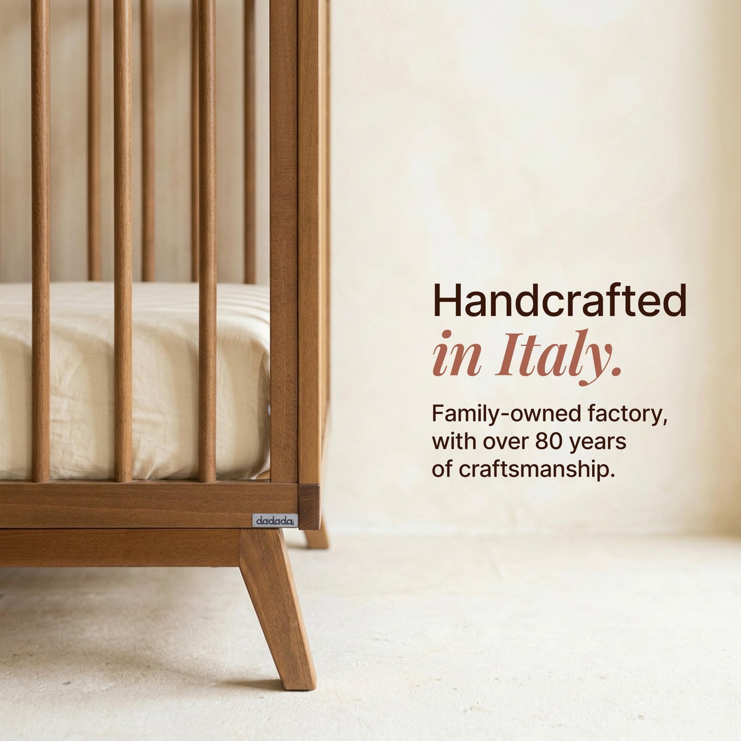 dadada Baby Soho 3-in-1 Convertible Wooden Crib to Toddler Bed - Made in Italy, GREENGUARD Gold Certified, Baby-Safe Finish, Handcrafted Beechwood, Modern Design, 3 Adjustable Heights (Walnut)