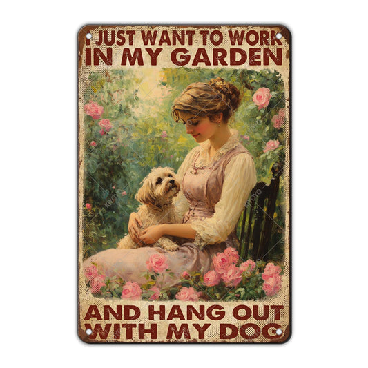 KIYOYO Gardening Flowers Dog Vintage Tin Sign Metal Sign I Just Want to Work in My Garden and Hang Out with My Dog Iron Painting Wall Decoration Poster for Home Garden Farmhouse 12x8 Inch