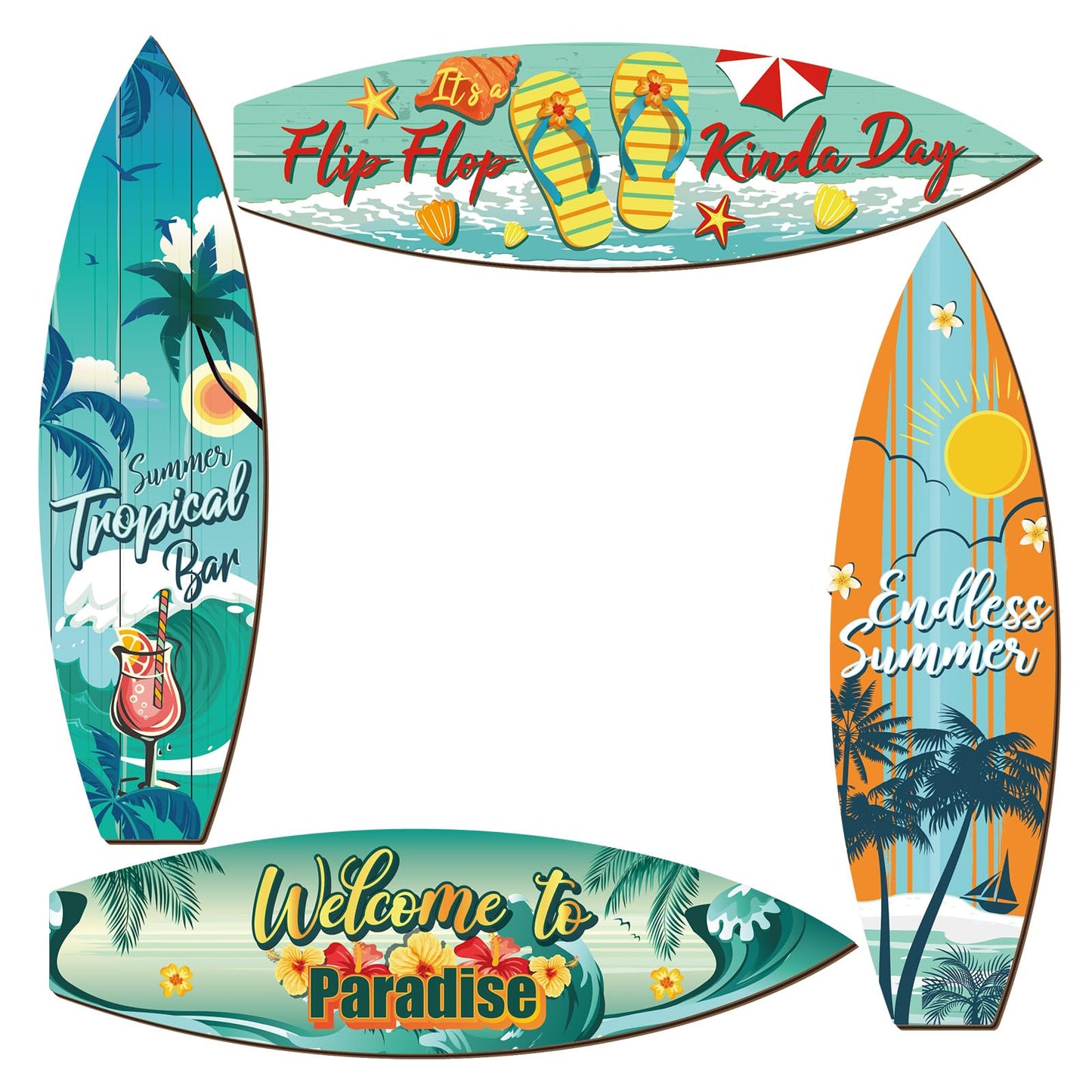 Tatuo 4 Pcs Surfboard Decor Hawaiian Wooden Beach Wall Decor Tiki Tropical Bar Decorations Surfboard Wall Hanging Sign Gifts for Home Aloha Birthday Party(Summer,15.75 x 4.41 x 0.2 Inch)