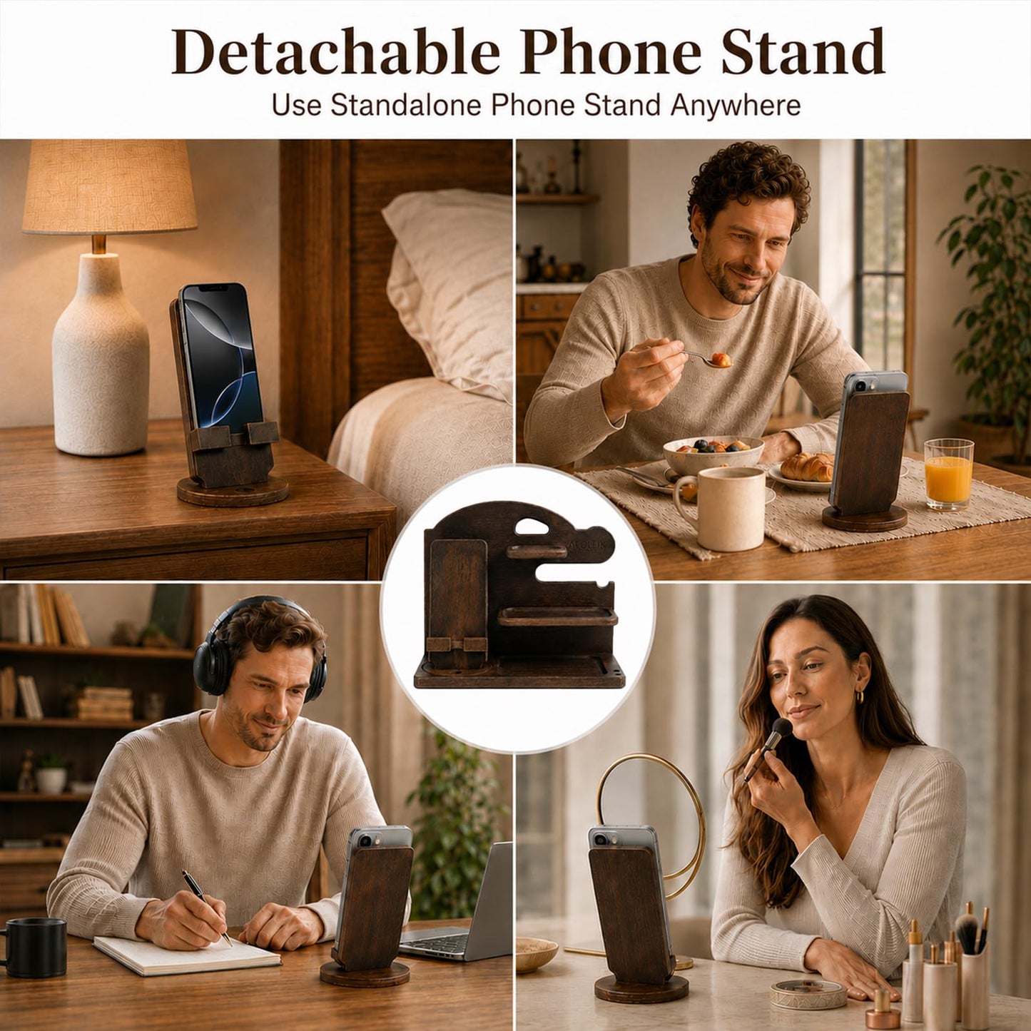 Wood Phone Docking Station with Detachable Stand, Solid Wood Multi Device Nightstand Charging Station, All-in-One Desktop Organizer, Mens Gift for Father’s Day, Birthday & Anniversary