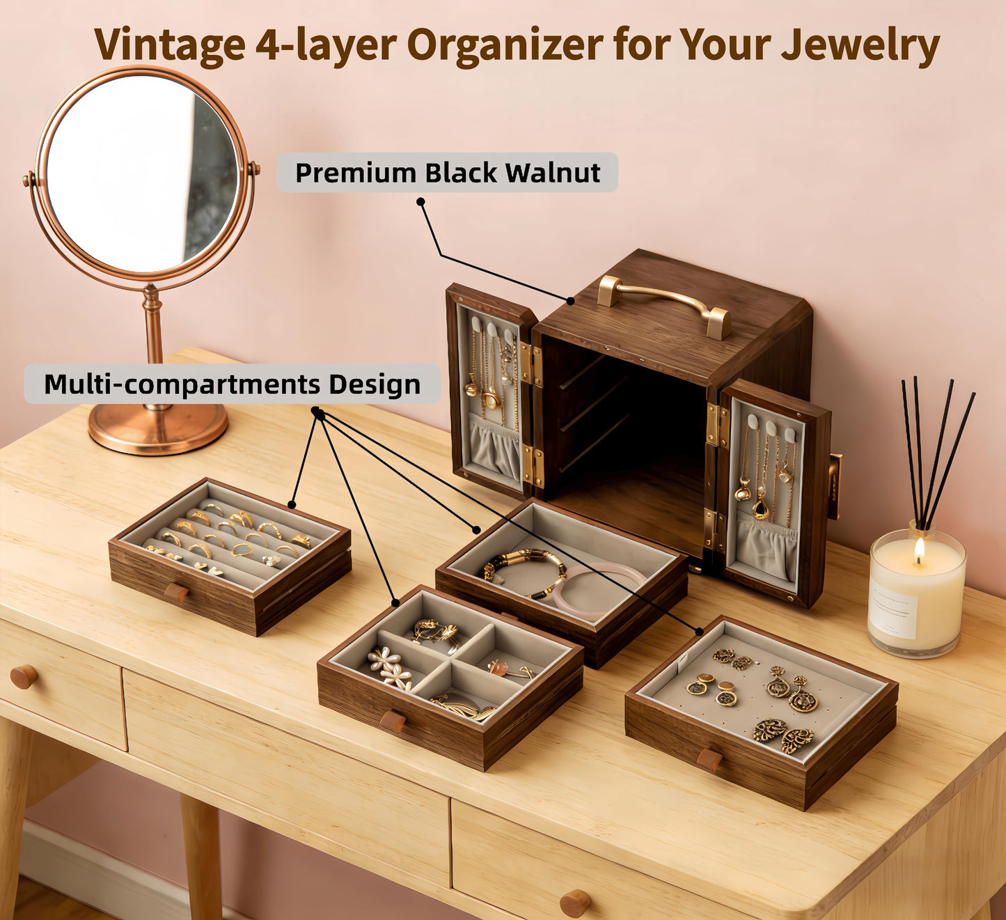 XYittkl Black Walnut Jewelry Box,Handmade Wooden Jewelry Organizer, 4-layer Jewelry Holder with Velvet&Gold Handle, Gifts for Women Mother's Day Anniversary Birthday, Mirrored Floral Window Design