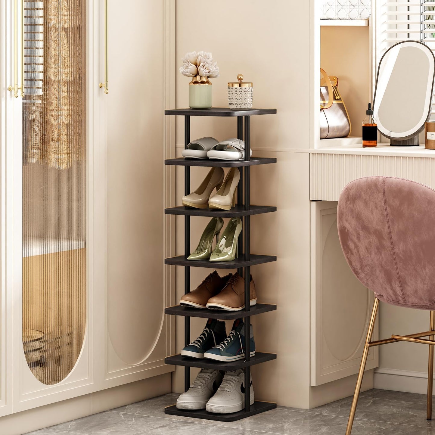 SORCEDAS 7 Tiers Vertical Shoe Rack Wooden Shoe Storage Organizer for Space Saving Narrow Shoe Shelf Storage 7 Pairs for Entryway Living Room Bedroom(Black + Rustic Dark Brown)