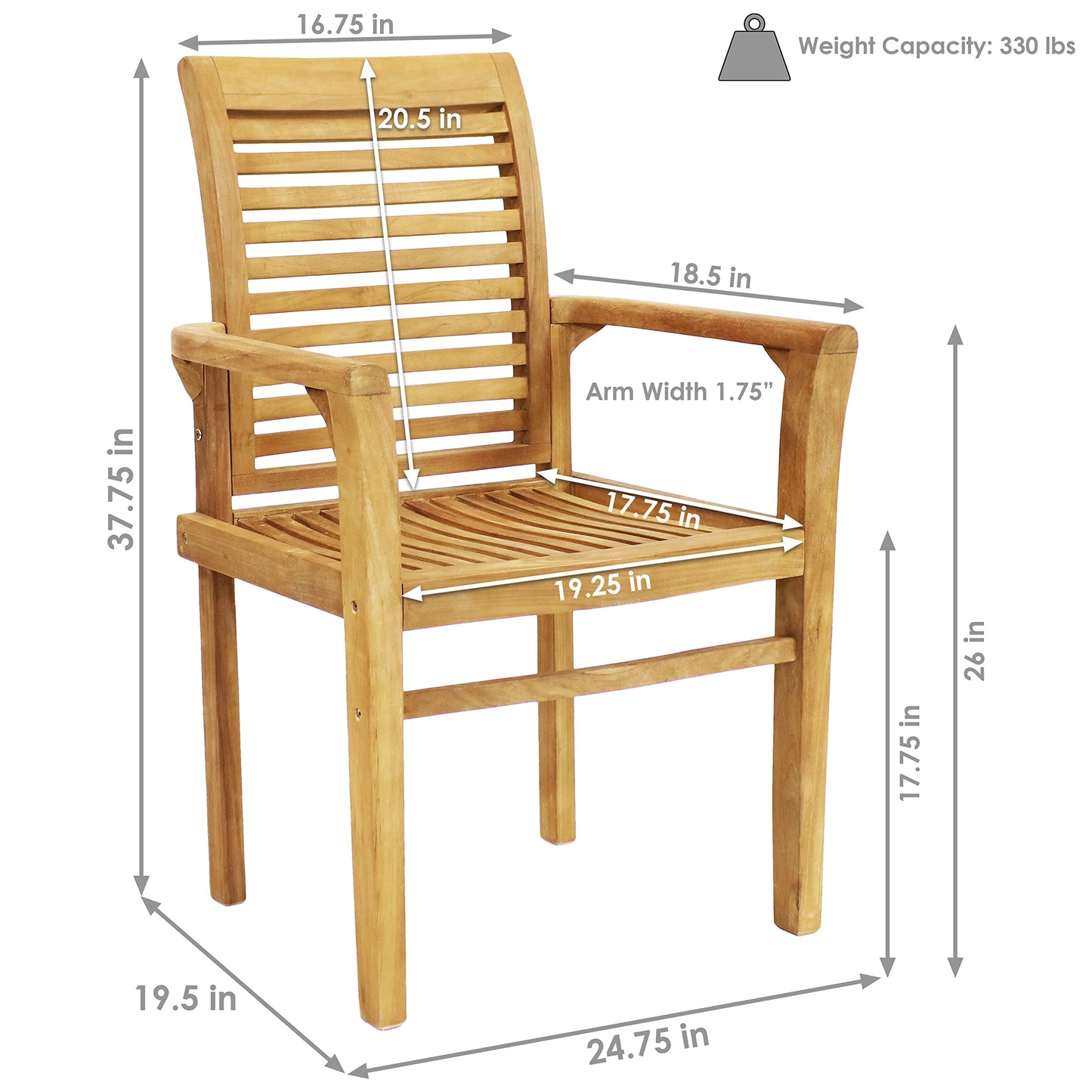 Sunnydaze Solid Teak Outdoor Dining Chair –Durable Wood Slatted Patio Chair with Arms for Backyard, Deck, & Patio - Light Brown Wood Stain Finish