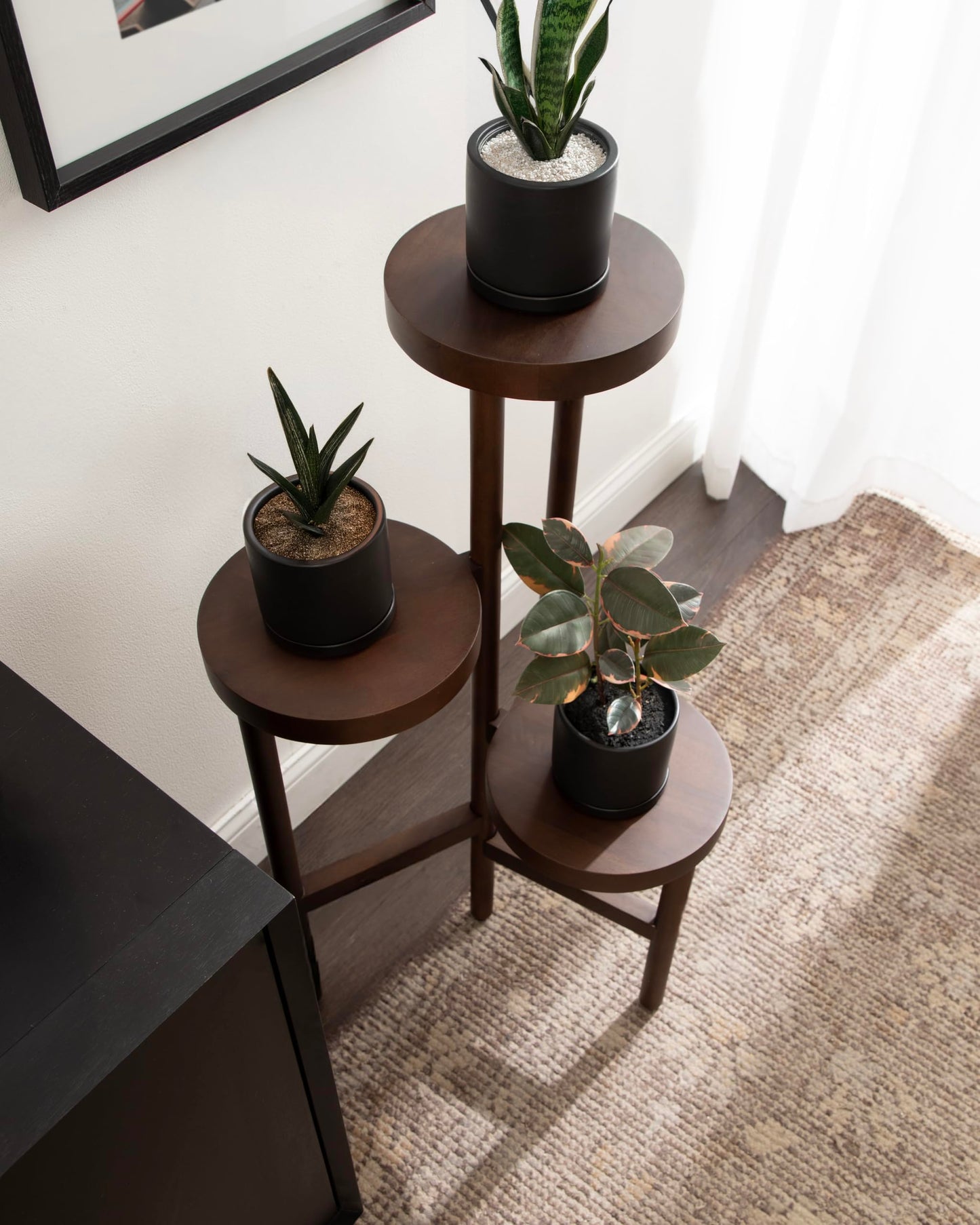 Kate and Laurel Fitley Modern Three-Tier Freestanding Plant Stand, 16 x 16 x 35, Dark Brown, Decorative Tiered Mango Wood Plant Stand for Useful House Plant Decor