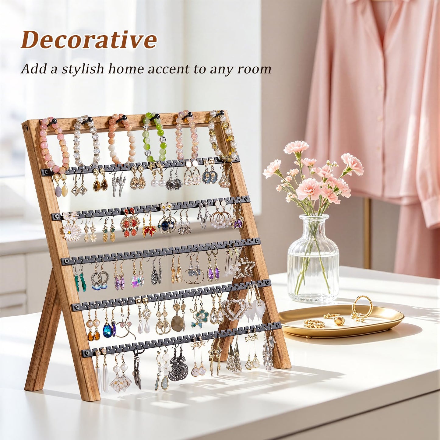 Emfogo Earring Holder Organizer, 6 Tier Earring Display Stand with 285 Holes & 6 Bracelet Rods, Rustic Wood Jewelry Organizer for Earring Bracelet Necklace Ring, Gifts for Women (Rustic)
