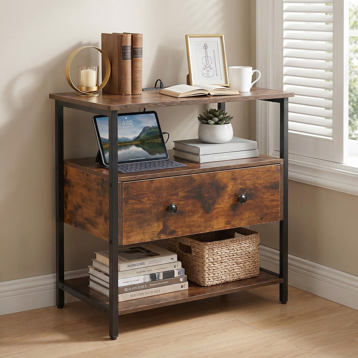 Edbuosy 27 Inch Wide Night Stand with Charging Station, Wood Nightstand with Open Shelf, Large Drawer Bedside Table for Living Room/Bedroom/Office, Retro Brown
