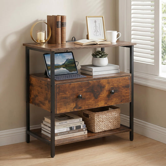 Edbuosy 27 Inch Wide Night Stand with Charging Station, Wood Nightstand with Open Shelf, Large Drawer Bedside Table for Living Room/Bedroom/Office, Retro Brown